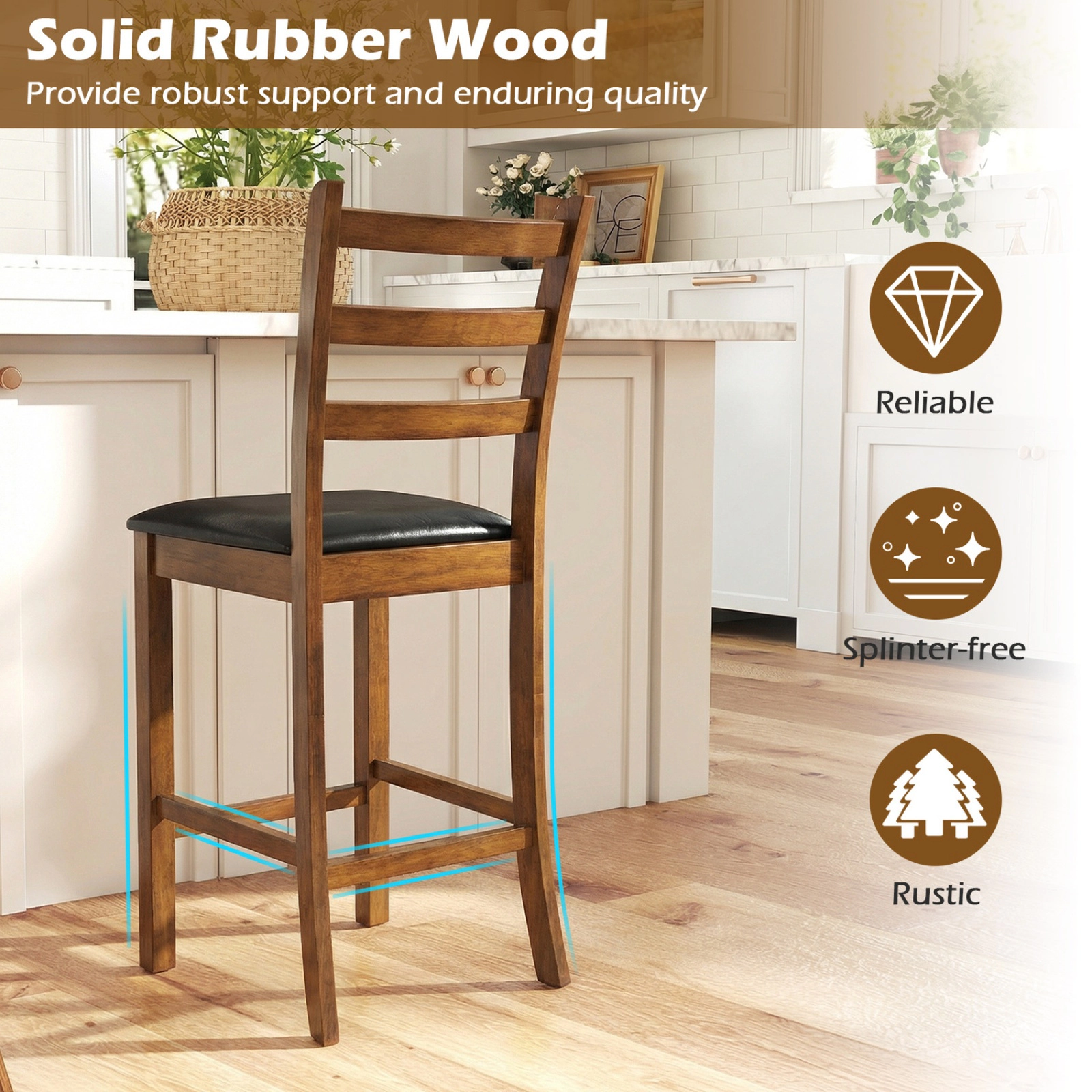 SUGIFT Set of 2 Black PU Leather Seat Ladder Back 24-in Seat H Counter Height Bar Stools Walnut