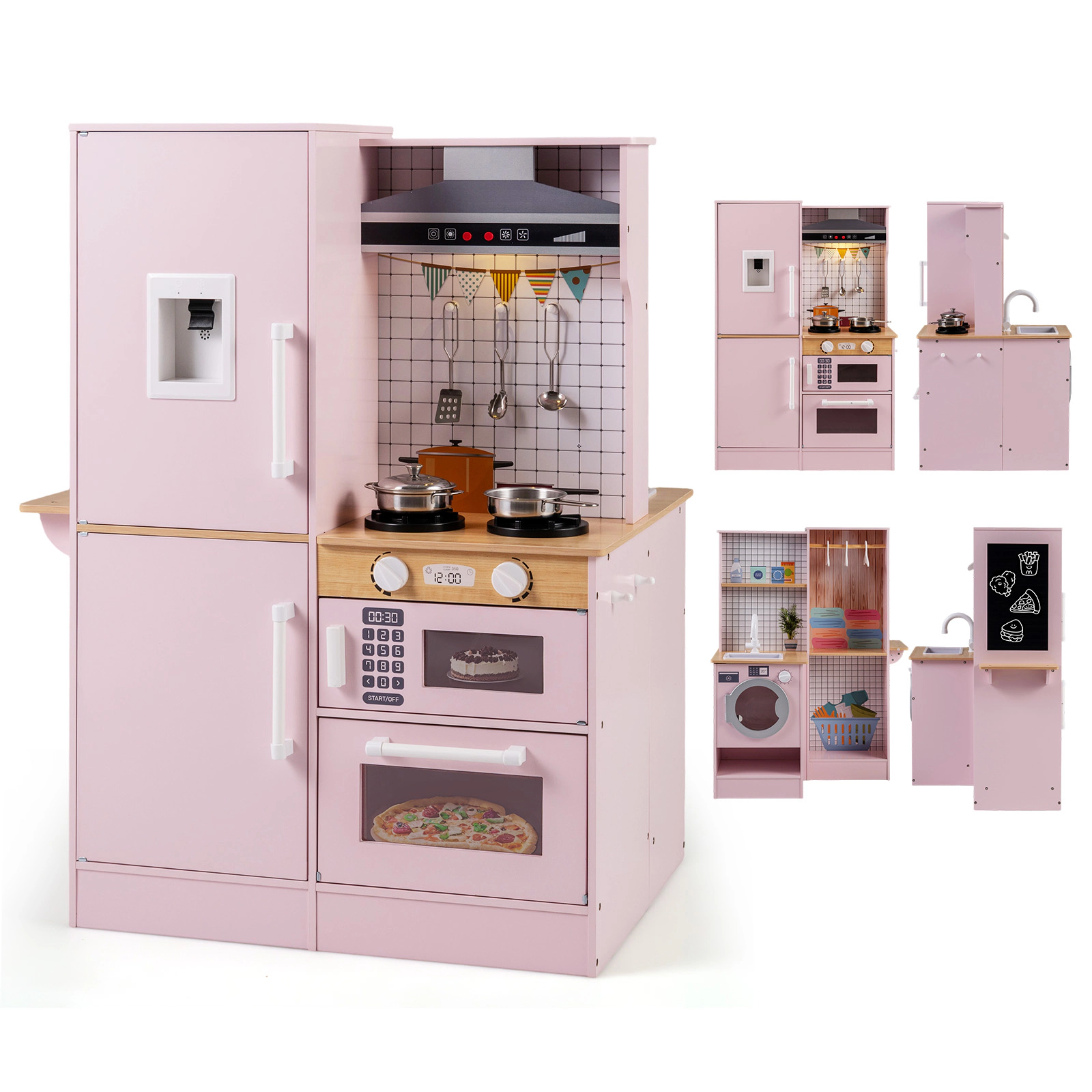 SUGIFT Dual-Sided Kids Play Kitchen with Water Dispenser and Range Hood Ages 3+ White/Pink