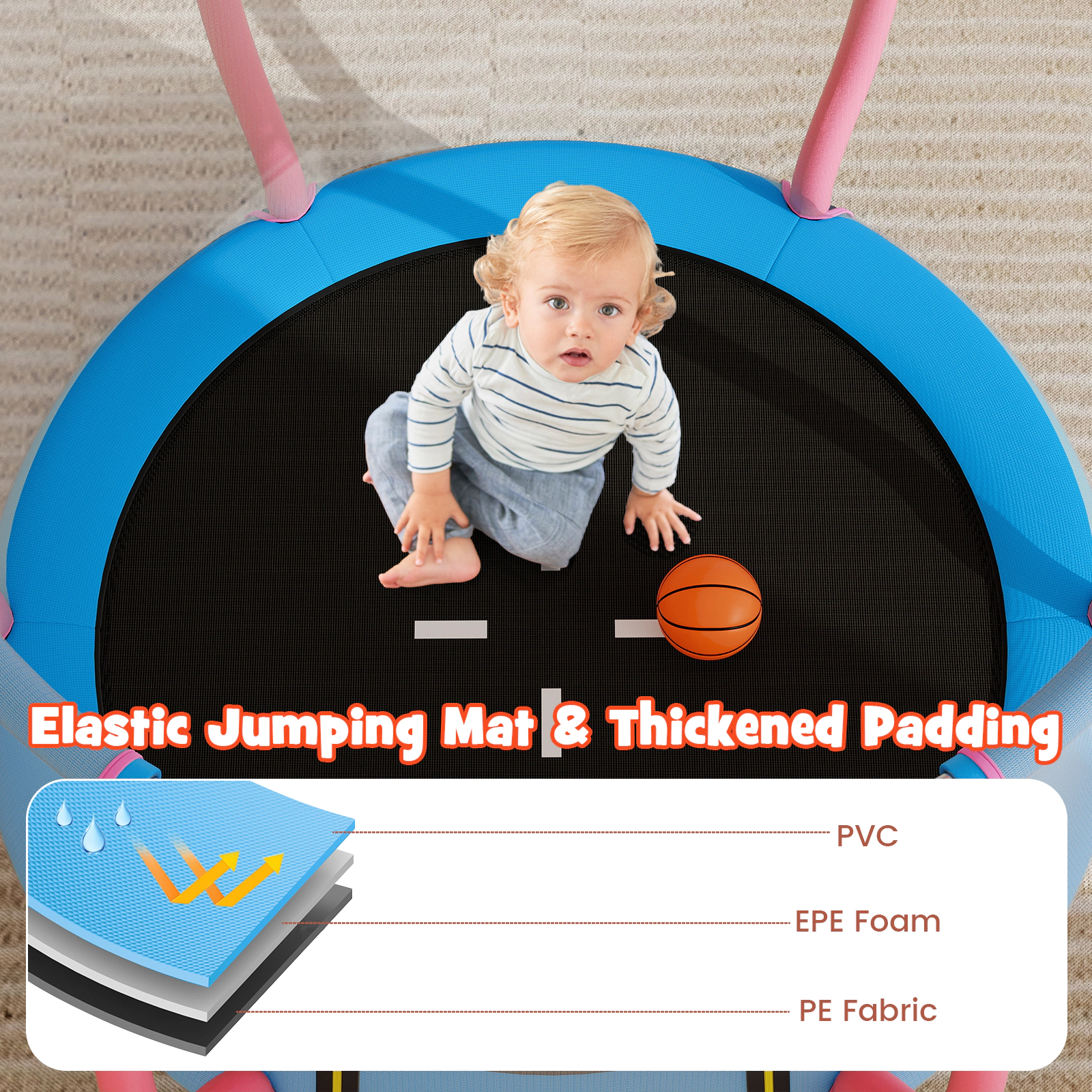 SUGIFT Indoor and Outdoor Pumpkin Kids Trampoline with Basketball Hoop 330-lb Capacity Ages 3-6 Pink and Light Blue