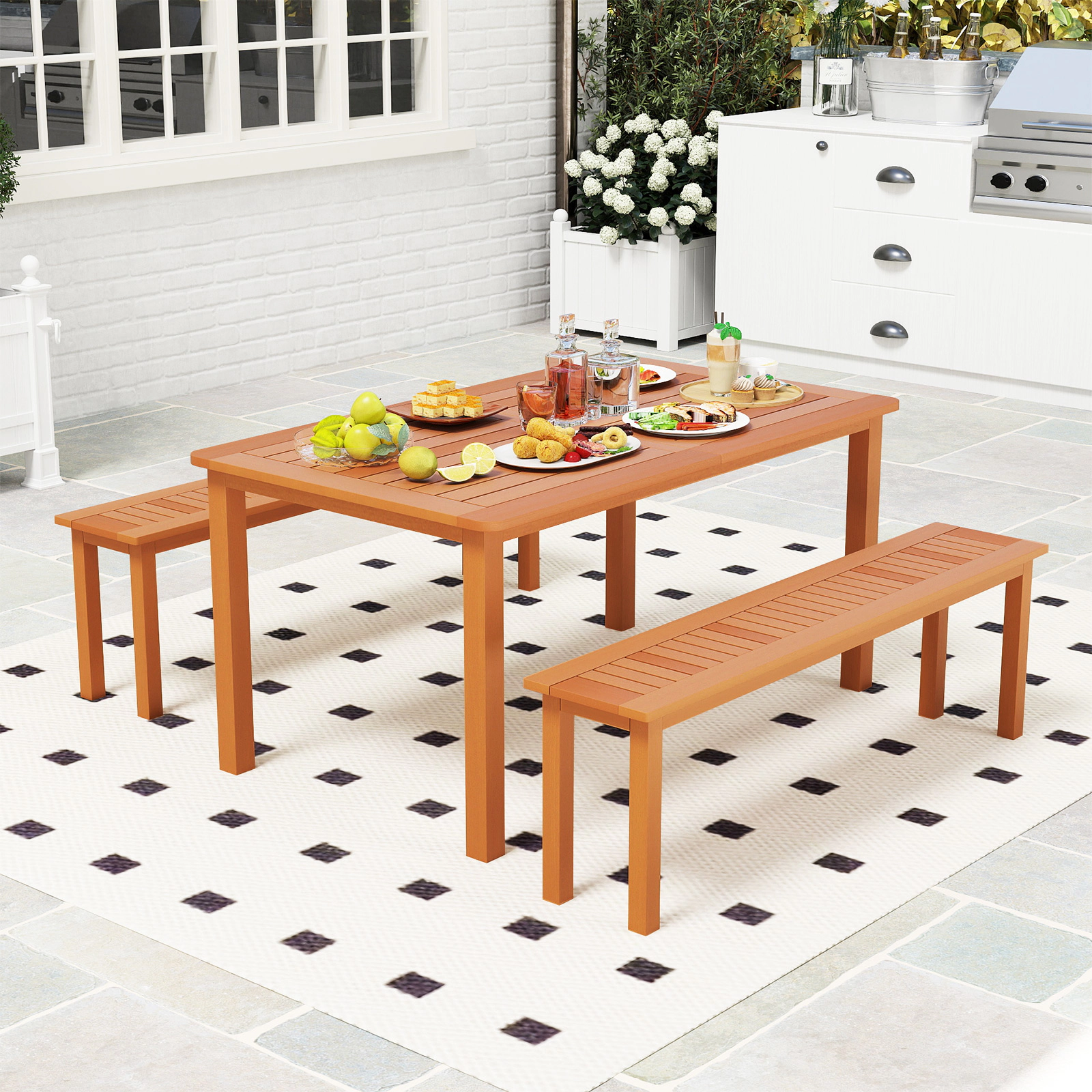 LJG Outdoor 59 Inch Long Patio Dining Backless Wooden Bench with Teak Oil Finish