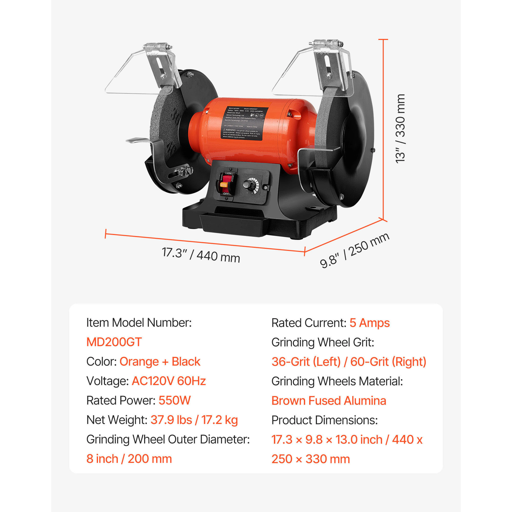 HONGGE Bench Grinder Speed Bench Grinder Table Grinders with Induction Motor 36/60-Grit Grinding & Adjustable for
