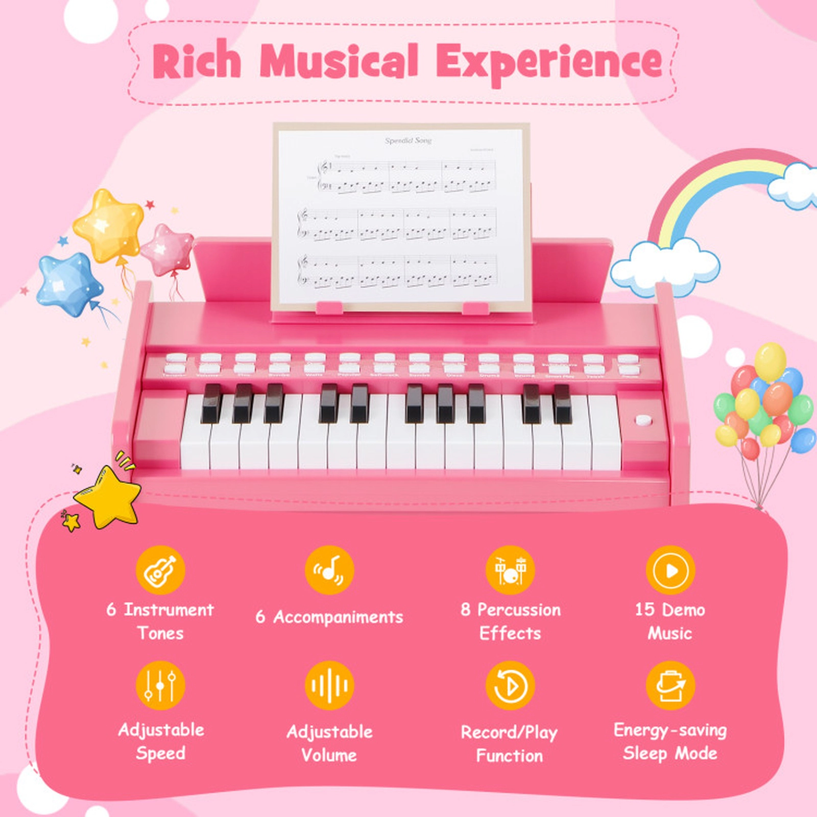 SUGIFT Kids Pink 25-Key Toy Piano Keyboard with Removable Music Stand 15-in W 9-in D 10.5-in H Ages 3+
