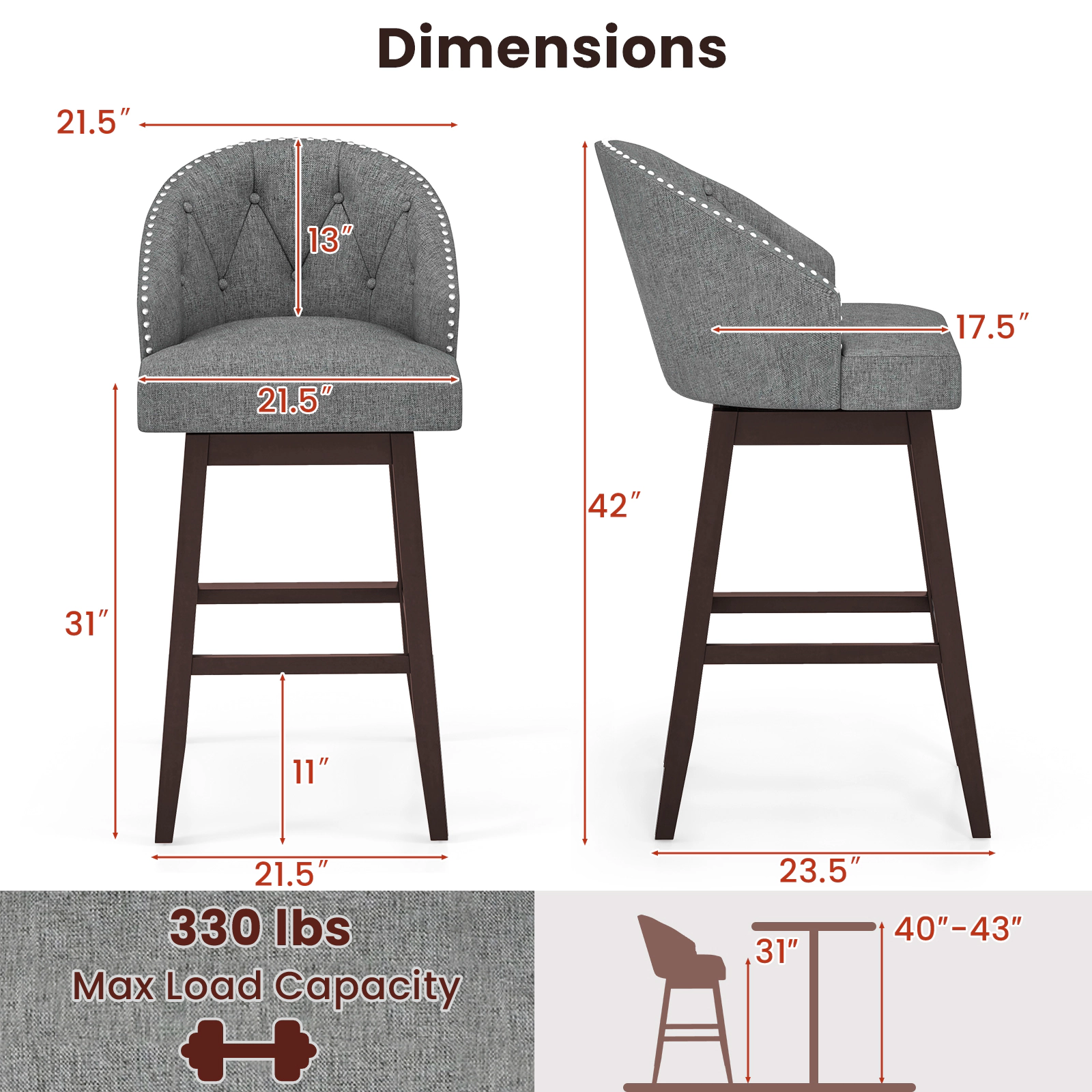 SUGIFT Set of 2 Swivel Bar Stools with Rubber Wood Legs and Padded Back 330-lb Capacity 31-in Seat Height Gray & Walnut