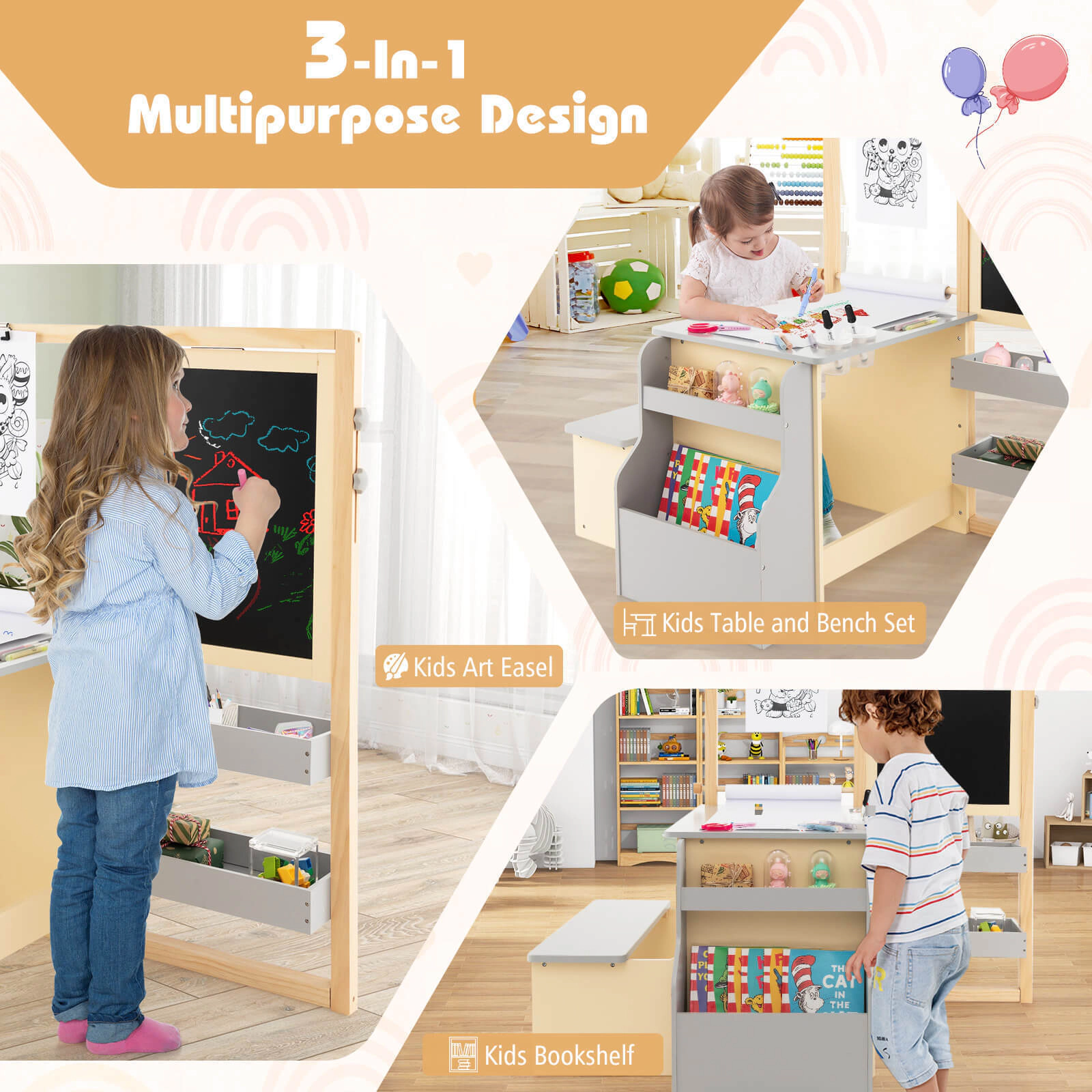 SUGIFT Kids Art Table and Bench Set with Double-Sided Easel, Magnetic Whiteboard, Chalkboard, Paper Roll, Gray