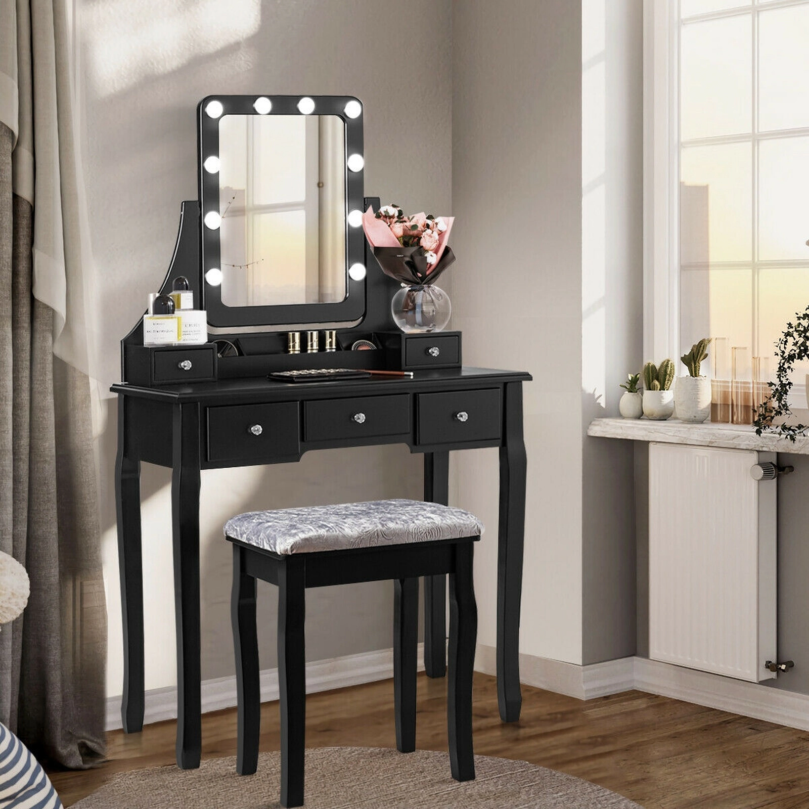 SUGIFT 10 Dimmable Bulbs 5 Drawers and Cushioned Stool Vanity Dressing Table Set