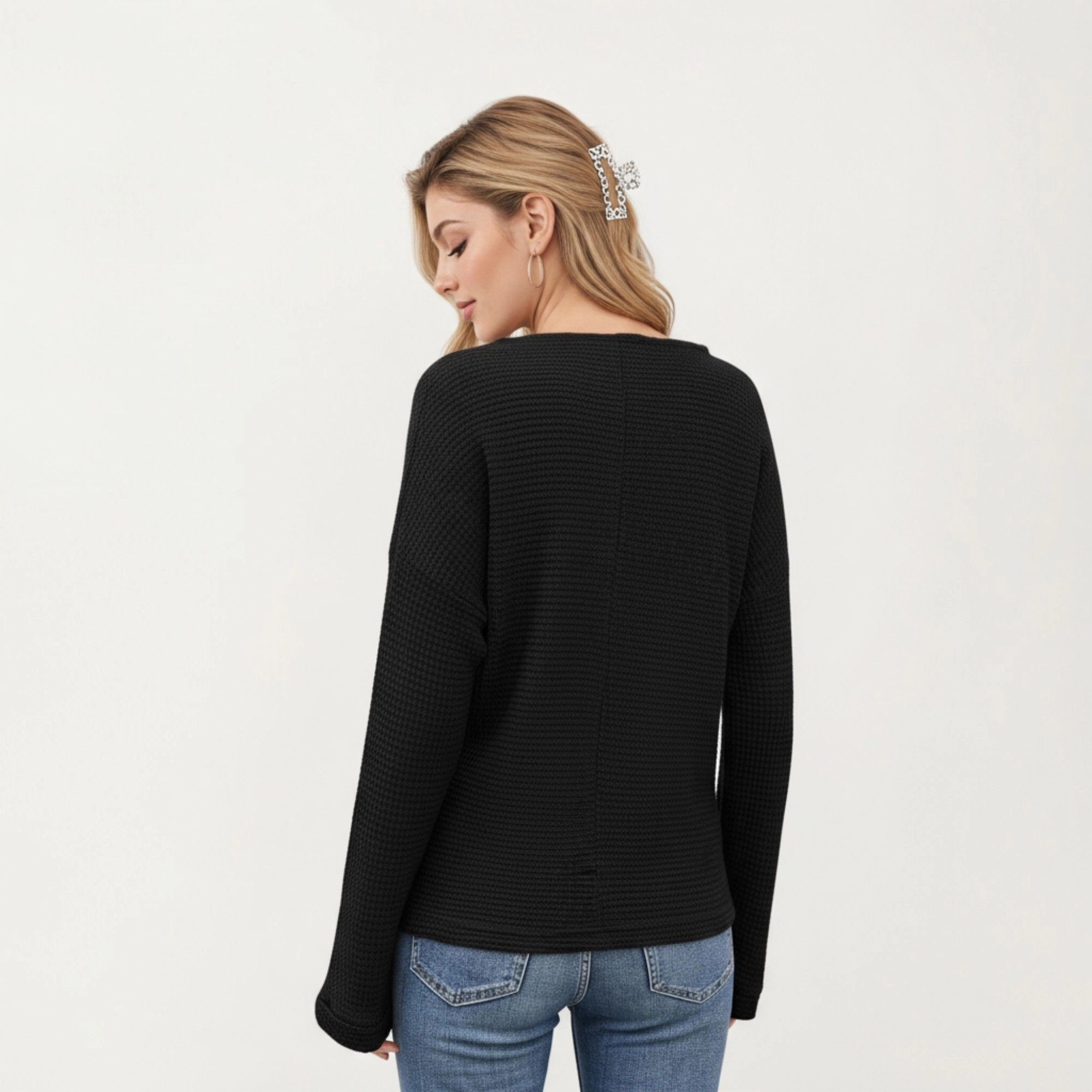 Anna-Kaci Women's Textured Split Neck Relaxed Fit Long Sleeve Knit Pullover Top
