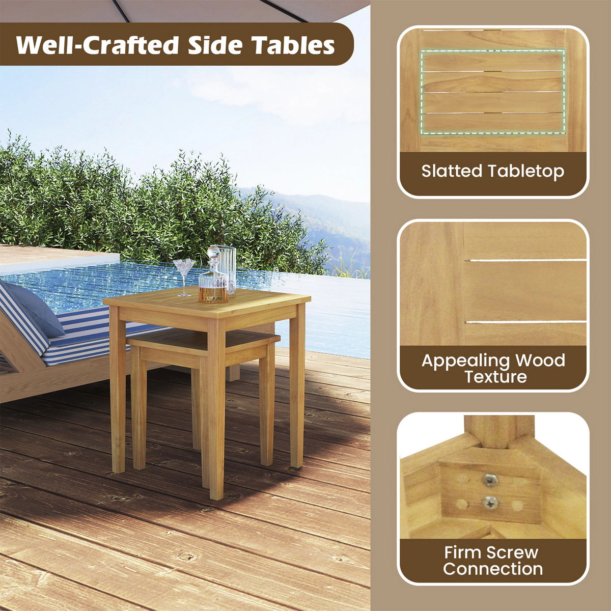 SUGIFT Set of 2 Slatted Top Teak Wood Outdoor Patio Nesting Tables 20-in x 20-in x 23-in 110-lb Capacity Natural