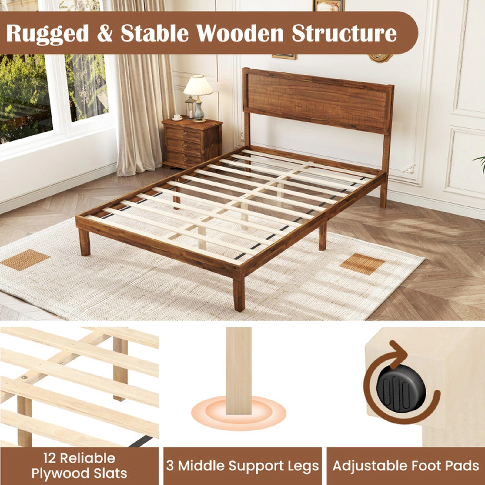 SUGIFT Walnut High Headboard and Slat Support Full Size Wooden Platform Bed Frame
