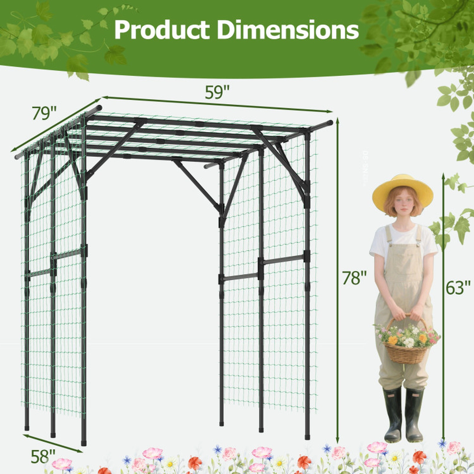 SUGIFT Large Garden Arch Trellis for Climbing Plants 79-in Tall Outdoor Grape Vine Support with Garden Netting Black