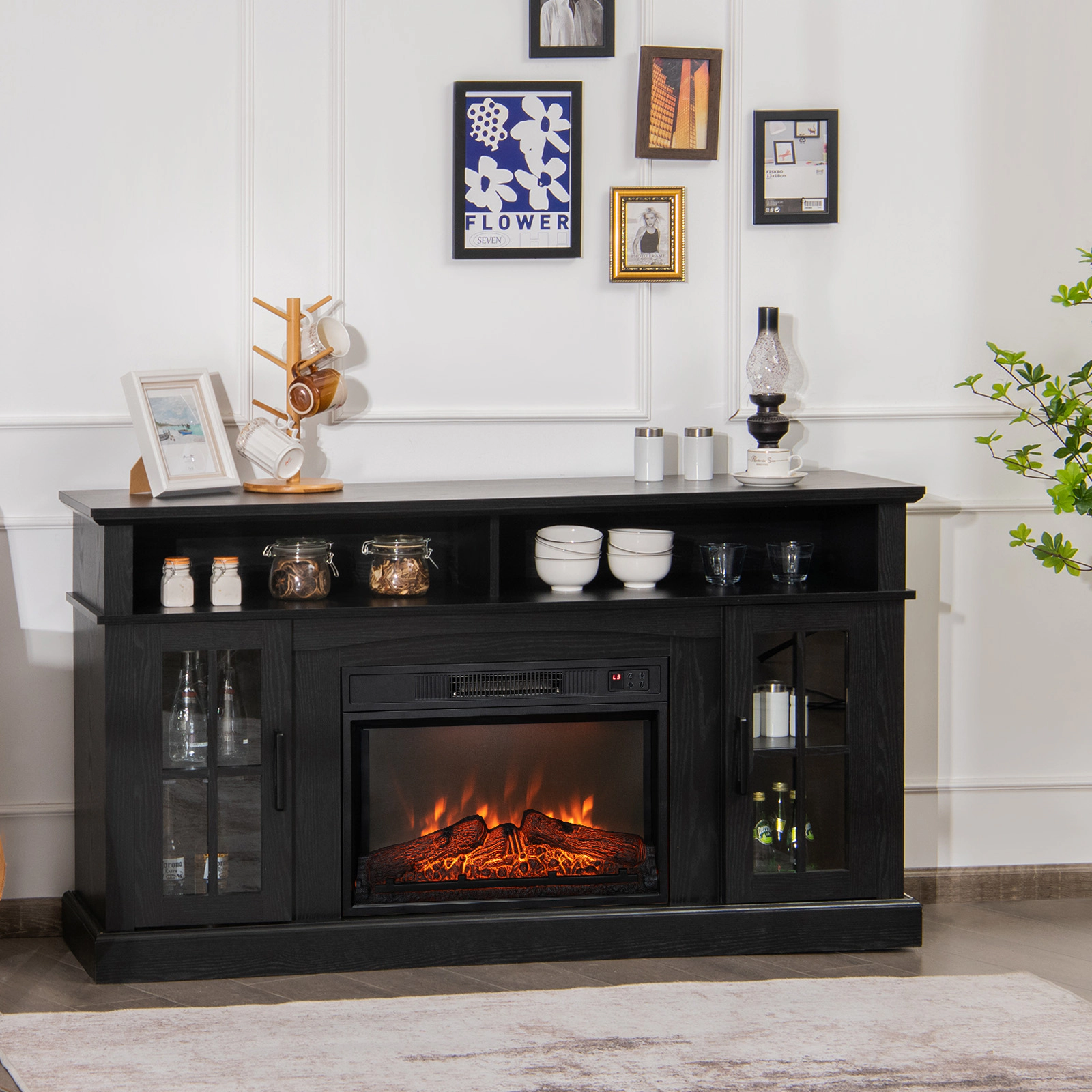 LJG Fireplace TV Stand for TVs up to 65 Inch with Side Cabinets and Remote Control