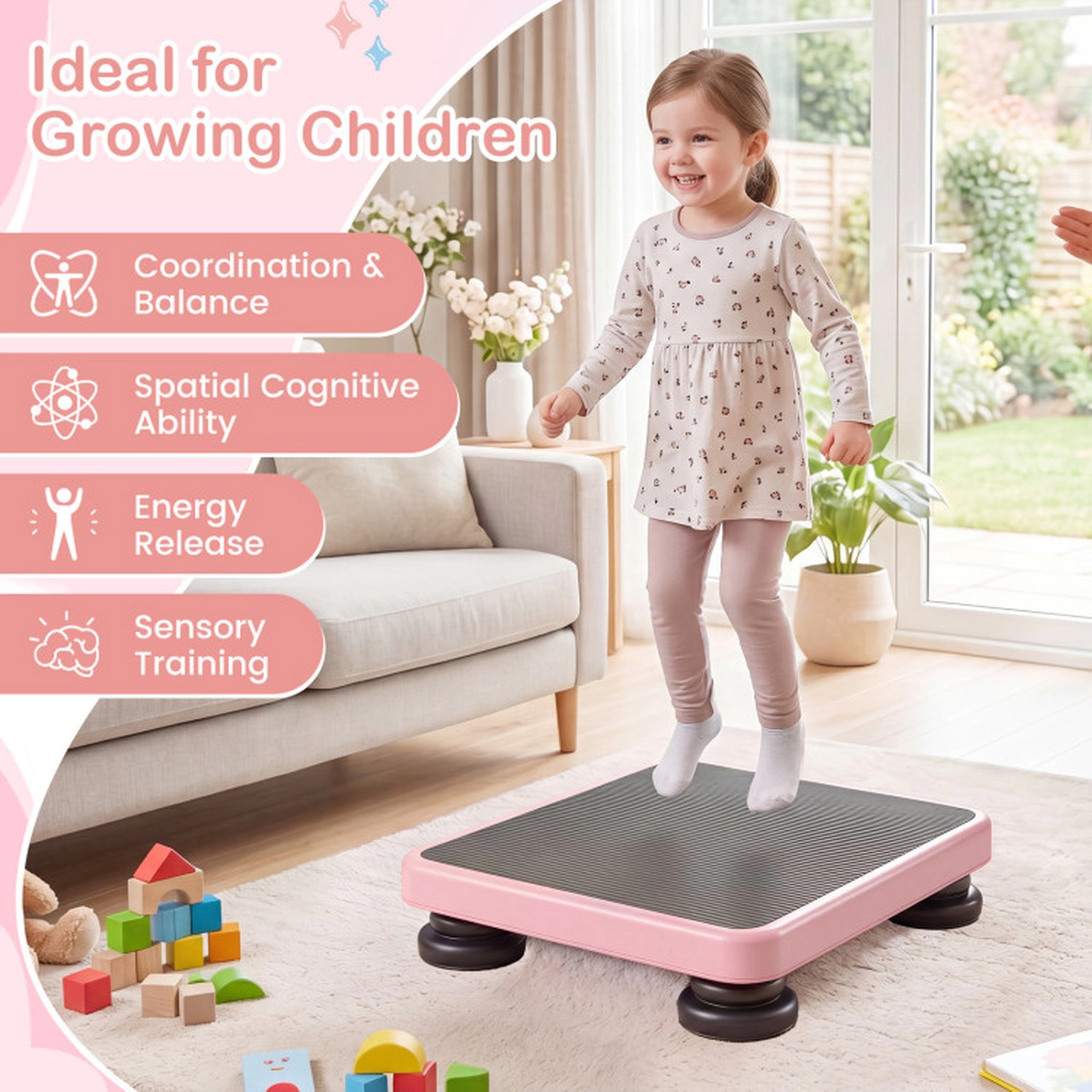 SUGIFT 24 x 20 in Kids Rebounder Bouncing Board Elastic Rope 330-lb Capacity Ages 3+ Pink PP EVA PU Exercise Platform
