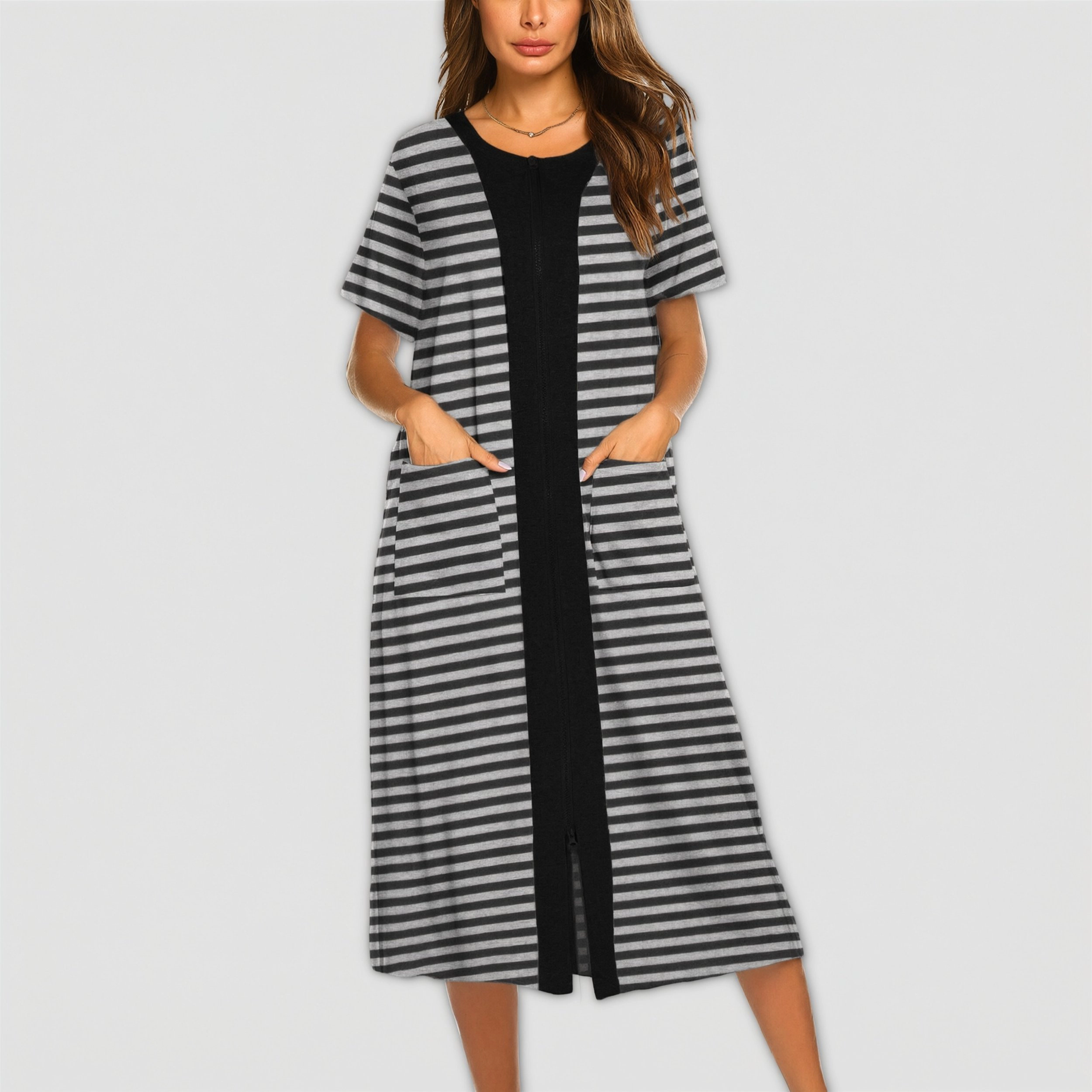 Ekouaer Robes For Women Zipper Front Bathrobe Short Sleeve House Coat Long Nightgown With Pockets