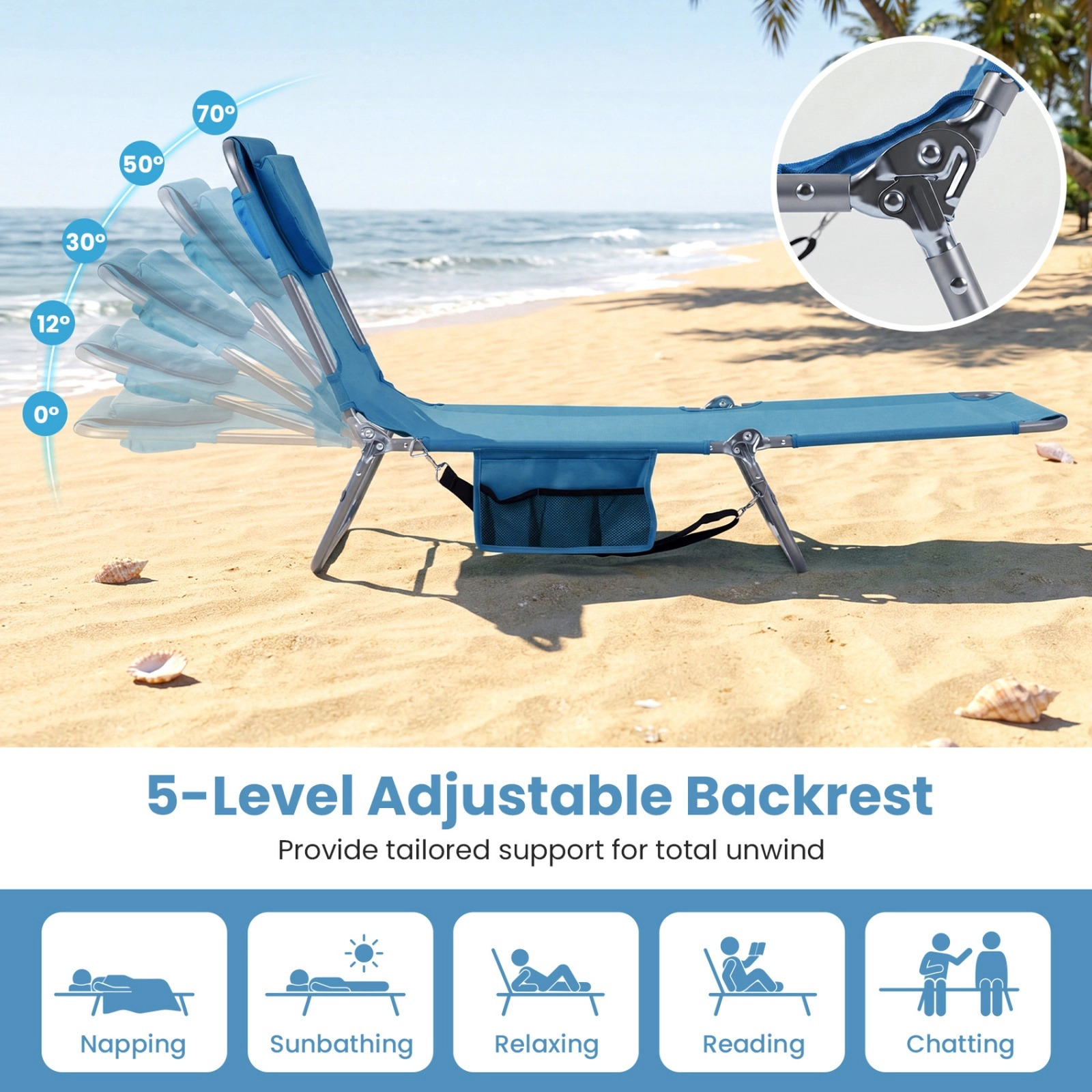 SUGIFT Folding Beach Lounge Chair, 5-Position Backrest, Face and Arm Holes, Blue