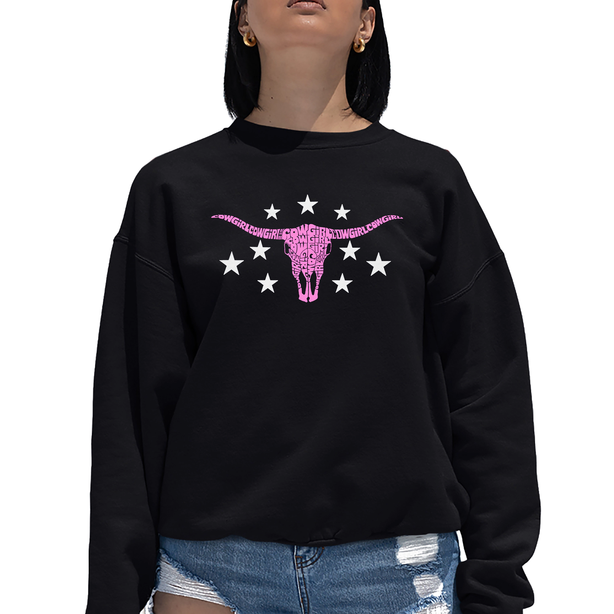LA Pop Art Cowgirl Cowskull - Women's Word Crewneck Sweatshirt