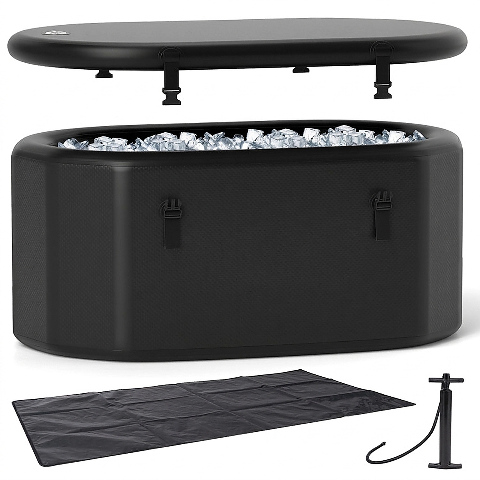 SUGIFT XL 129 Gal Oval Ice Bath Tub with Cover and Hand Pump 800-lb Capacity 51-in PVC Body Black/Gray