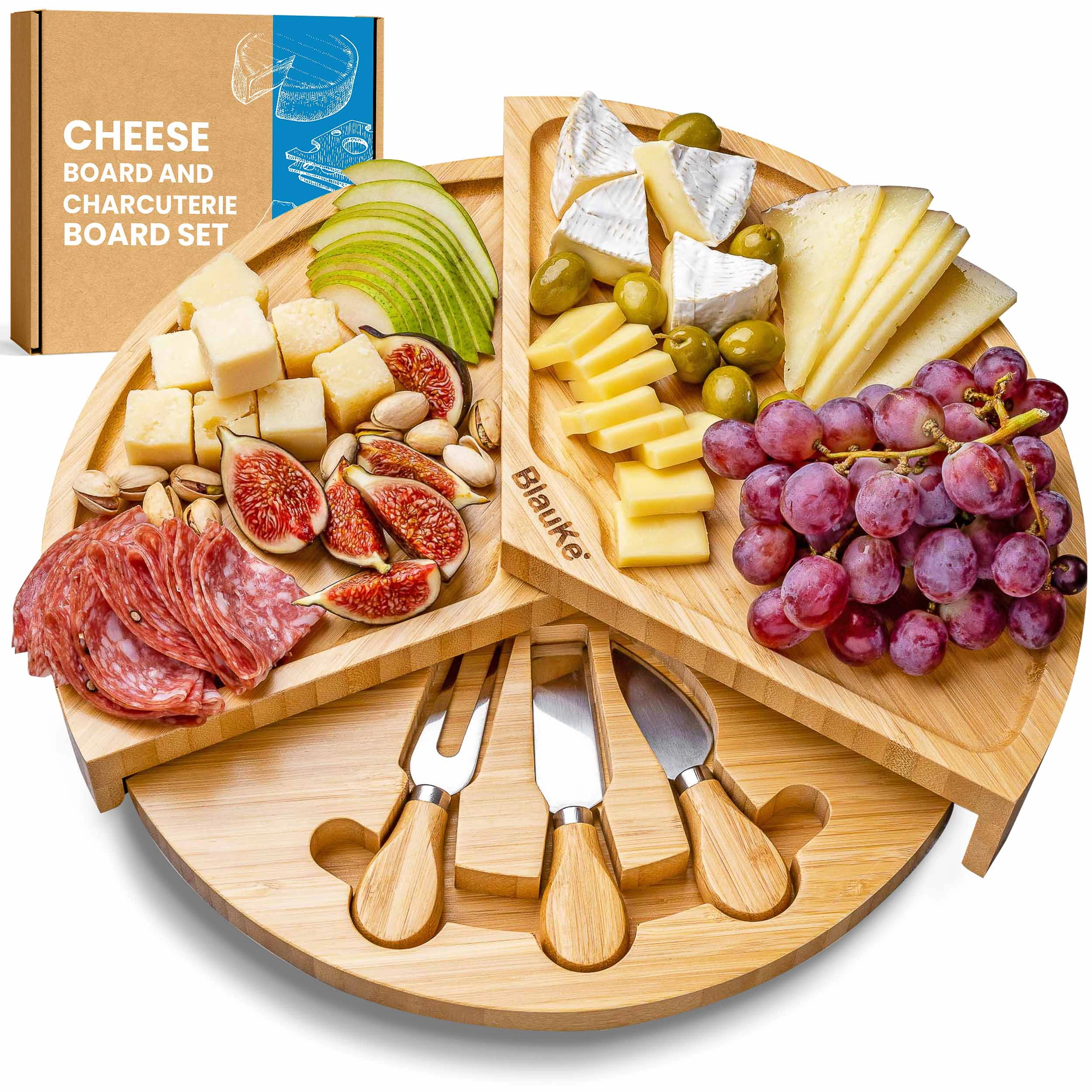 Bamboo Cheese Board and Knife Set - Charcuterie Board with Slide-Out Drawer - Serving Platter, Serving Tray - Gift Idea