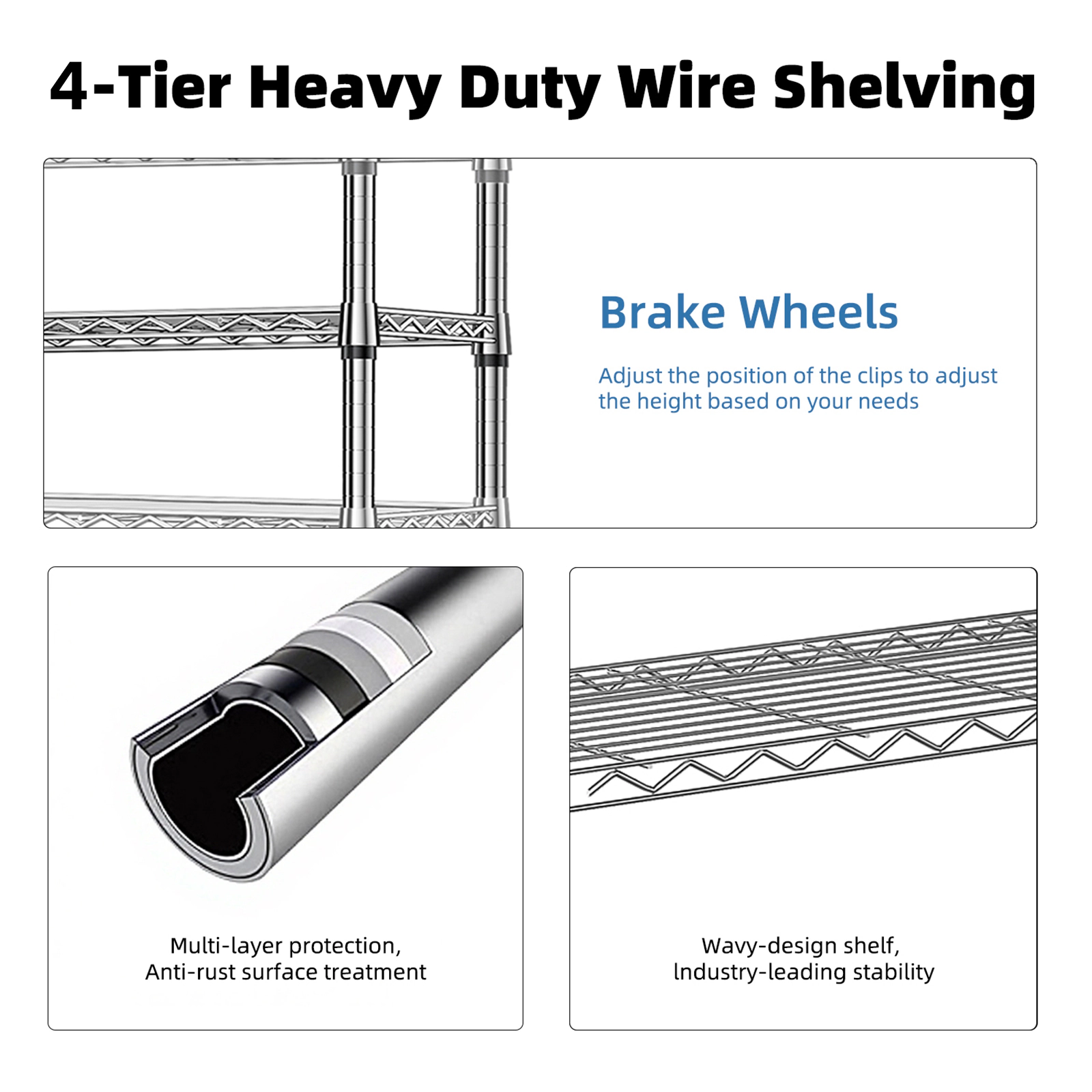 Flynama Steel Master 4 Tier Chrome Wire Shelving 1000lb Heavy Duty Space Saving Rack for Home Kitchen and Office