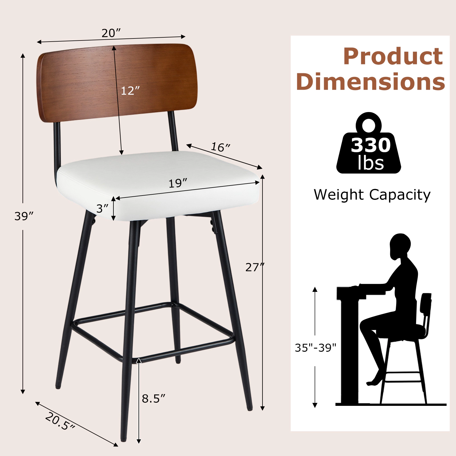 SUGIFT 27-in Padded 360° Swivel Counter Bar Stools Set of 2 Footrest 330-lb Capacity 27-in Seat Height White Cushion