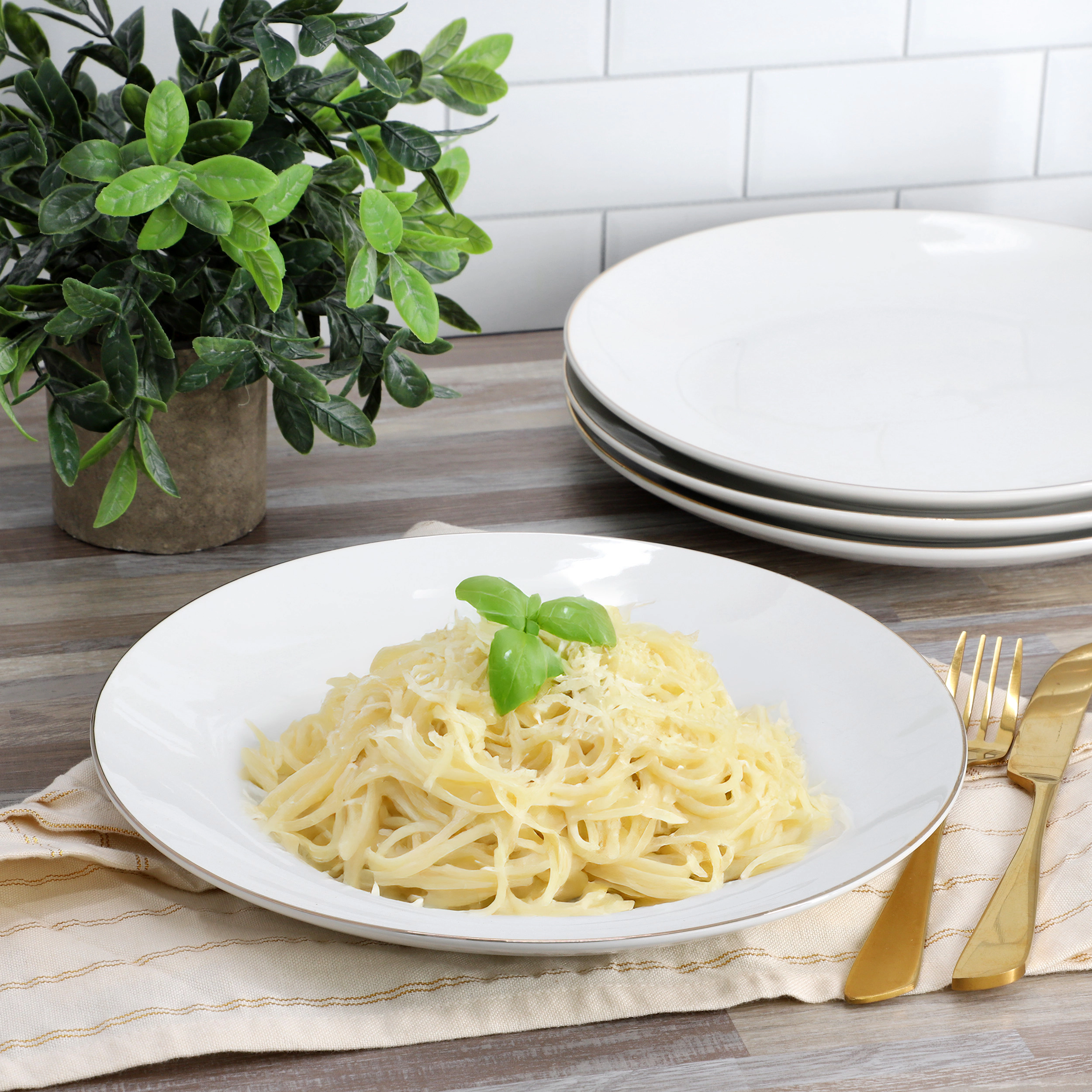 Gibson Home Ogalla 4 Piece Fine Ceramic 10.5 Inch Dinner Plate Set in White with Gold Rim