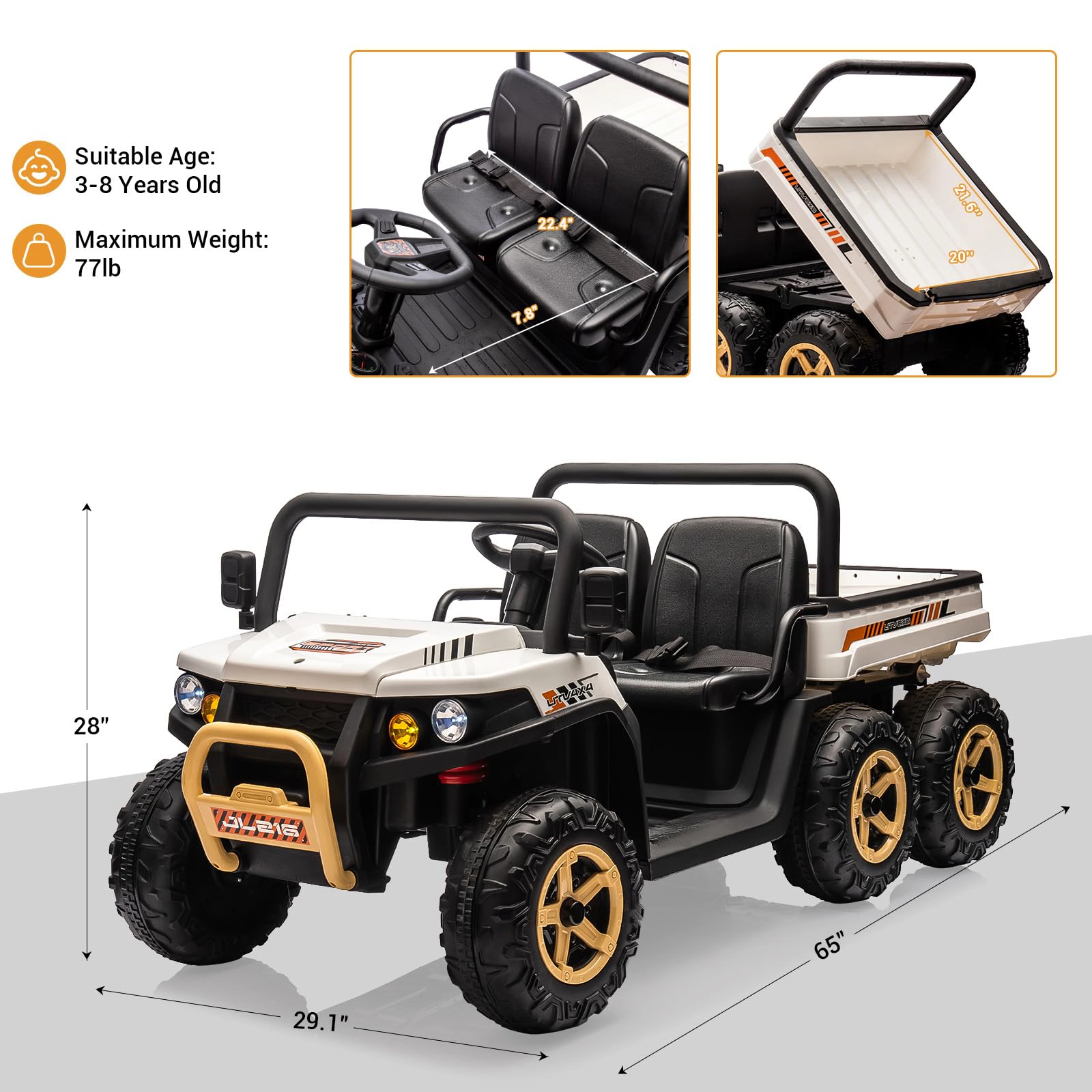 24V 6-Wheel Ride-on Dump Truck, 2-Seater 4WD Electric UTV with Remote, Dump Bed & Shovel, Music, LED