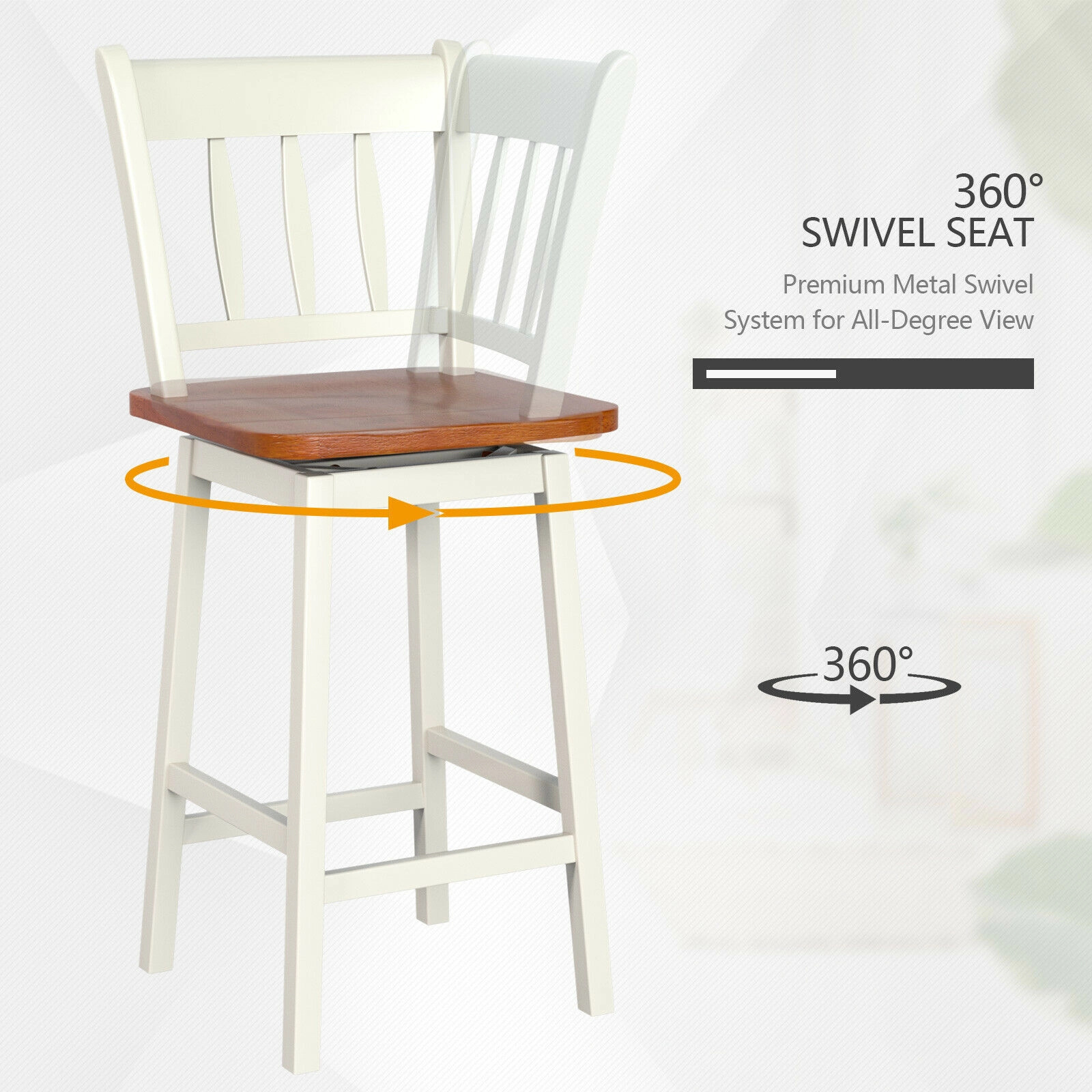 SUGIFT Set of 2 White 24.5-Inch Solid Rubberwood Counter-Height Swivel Bar Stools with Footrests