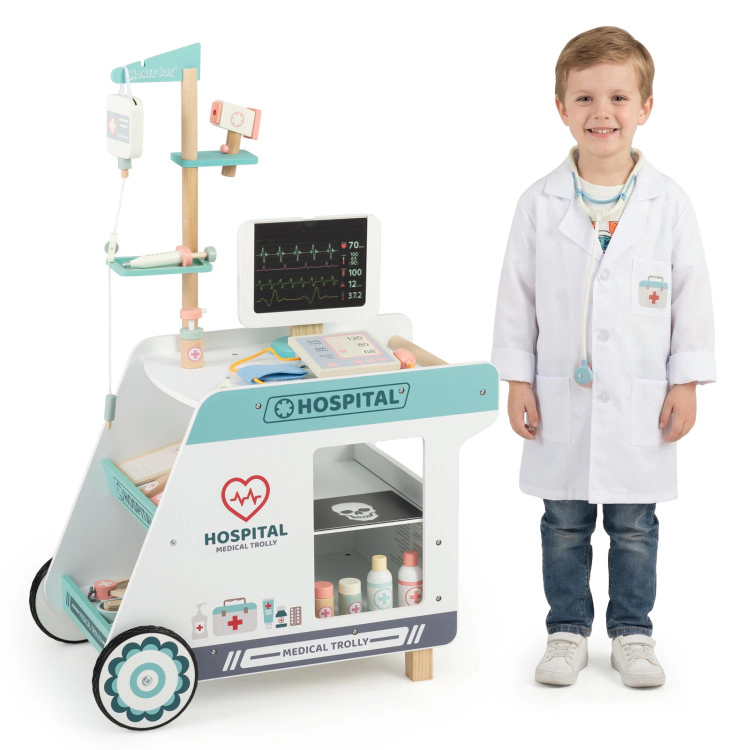 Hivvago Wooden Doctor Playset for Kids Pretend Play Kit with Cart Gift Toddlers Boys Girls Aged 3+