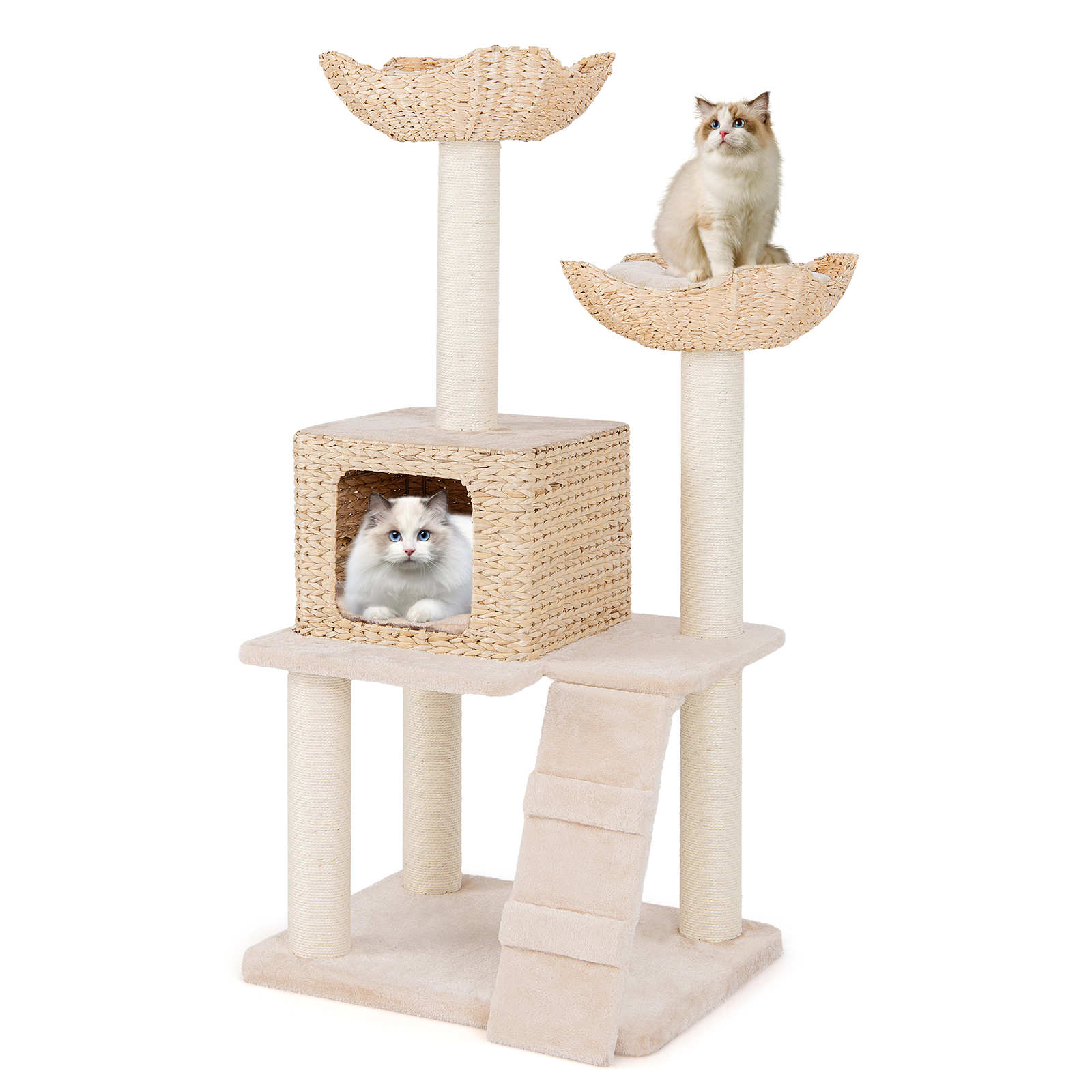 SUGIFT Beige 48 in Cattail Cat Tower with 5 Sisal Posts Perch Condo and Ladder