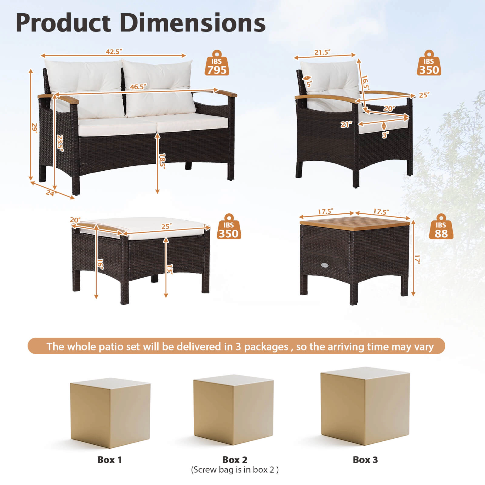 SUGIFT 7-Piece Off-White PE Rattan Patio Sofa Set with Acacia Wood, Ottomans and Tables