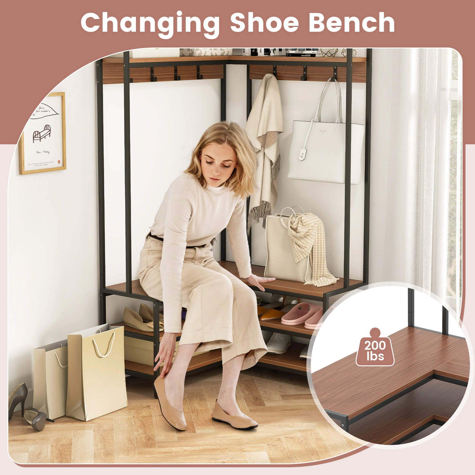 SUGIFT L-Shaped Open Shelves 7 Hooks Corner Garment Rack Shoe Bench 35.5-in x 35.5-in x 70-in 200-lb Capacity Walnut