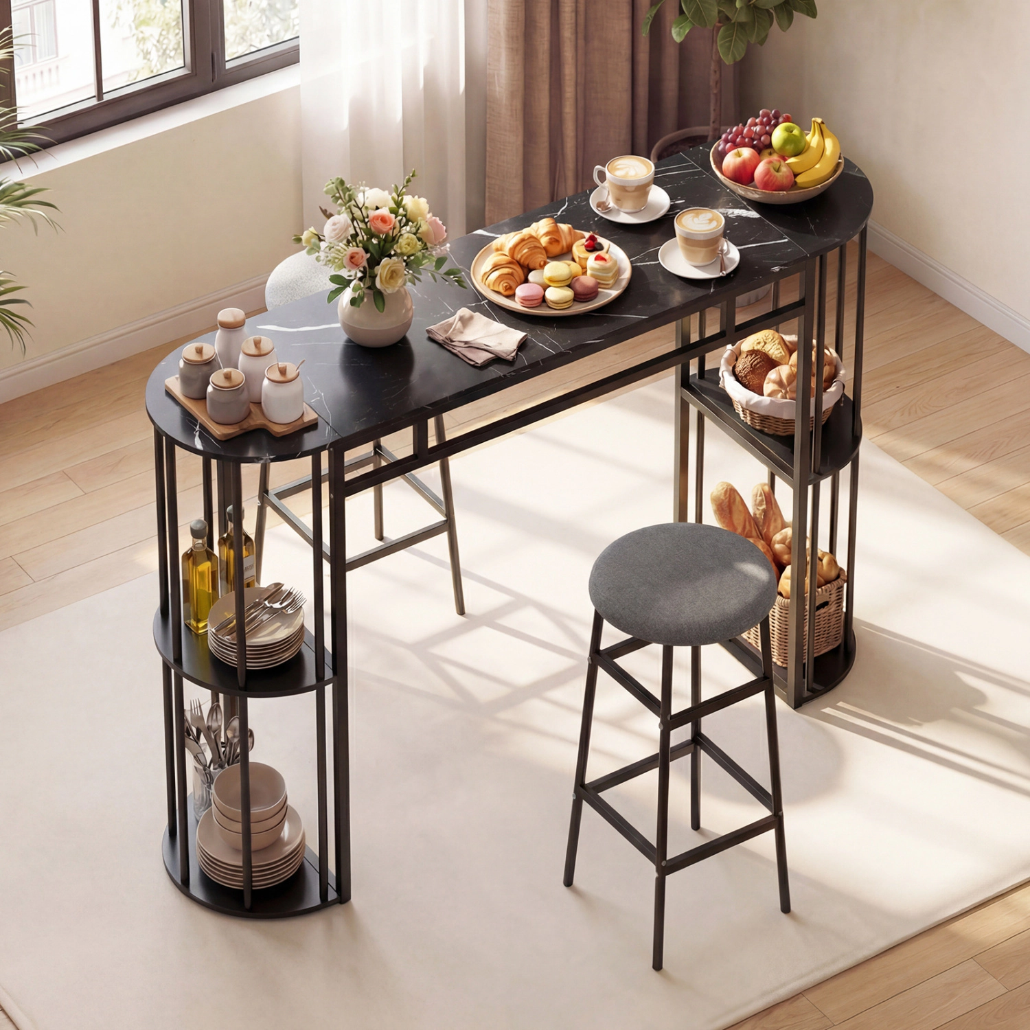 LJG 60 Inch Dining Table and 2 Upholstered Barstools with Faux Marble Tabletop