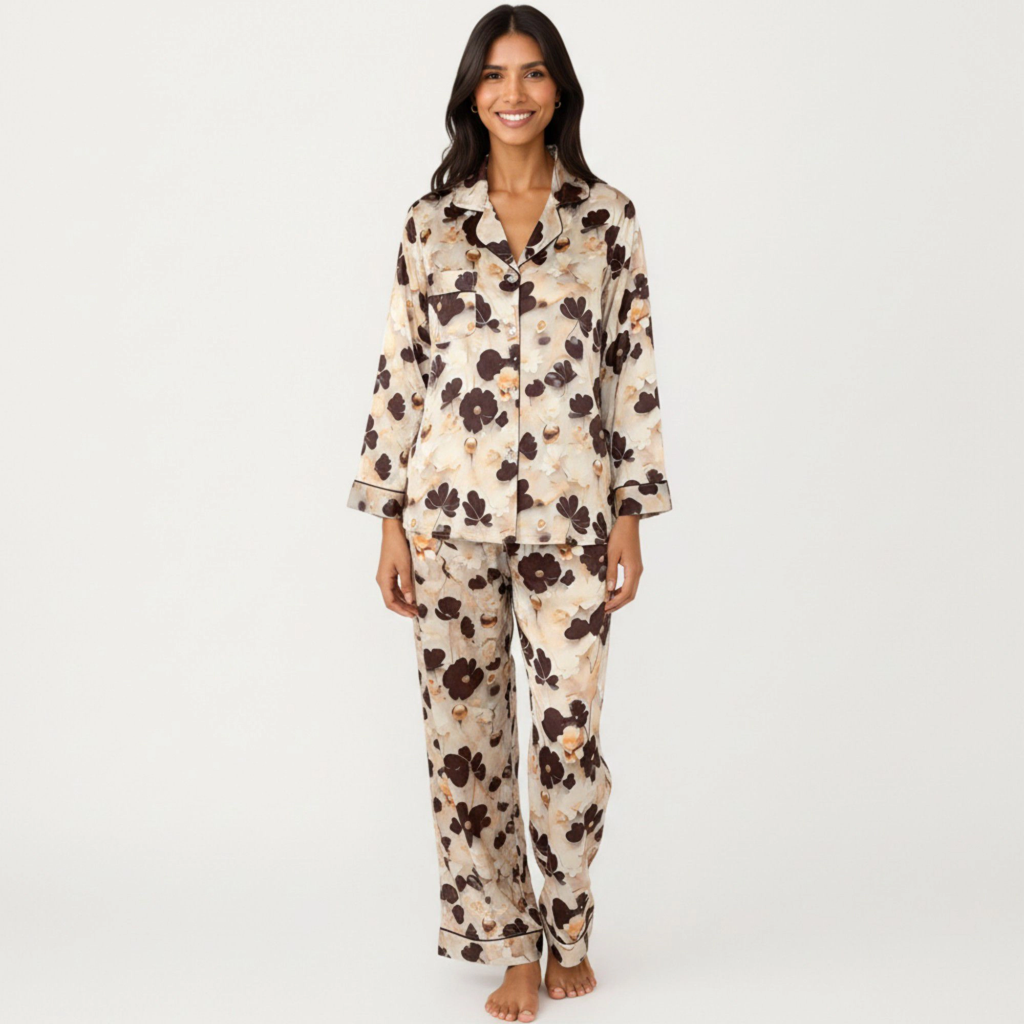 Anna-Kaci Women's 2-Piece Floral Satin Button Front Pajama Top with Contrast Piping and Elastic Waist Pants