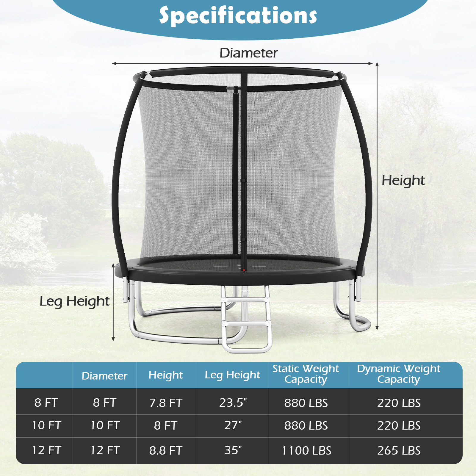 SUGIFT Black Enclosure Net and Ladder 8 FT Outdoor Heavy Duty Kids Recreational Trampoline