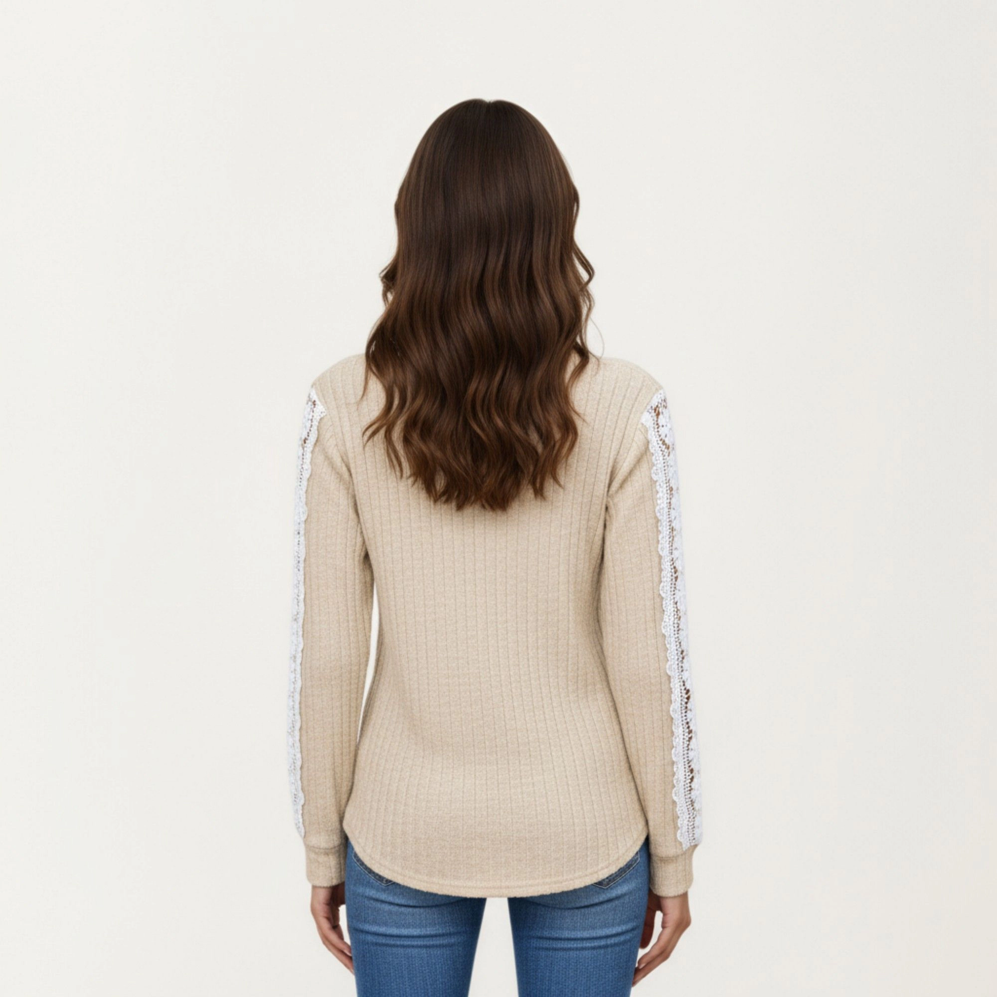 Anna-Kaci Women's V-Neck Lace Trim Sleeve Curved Hem Long Ribbed Knit Top