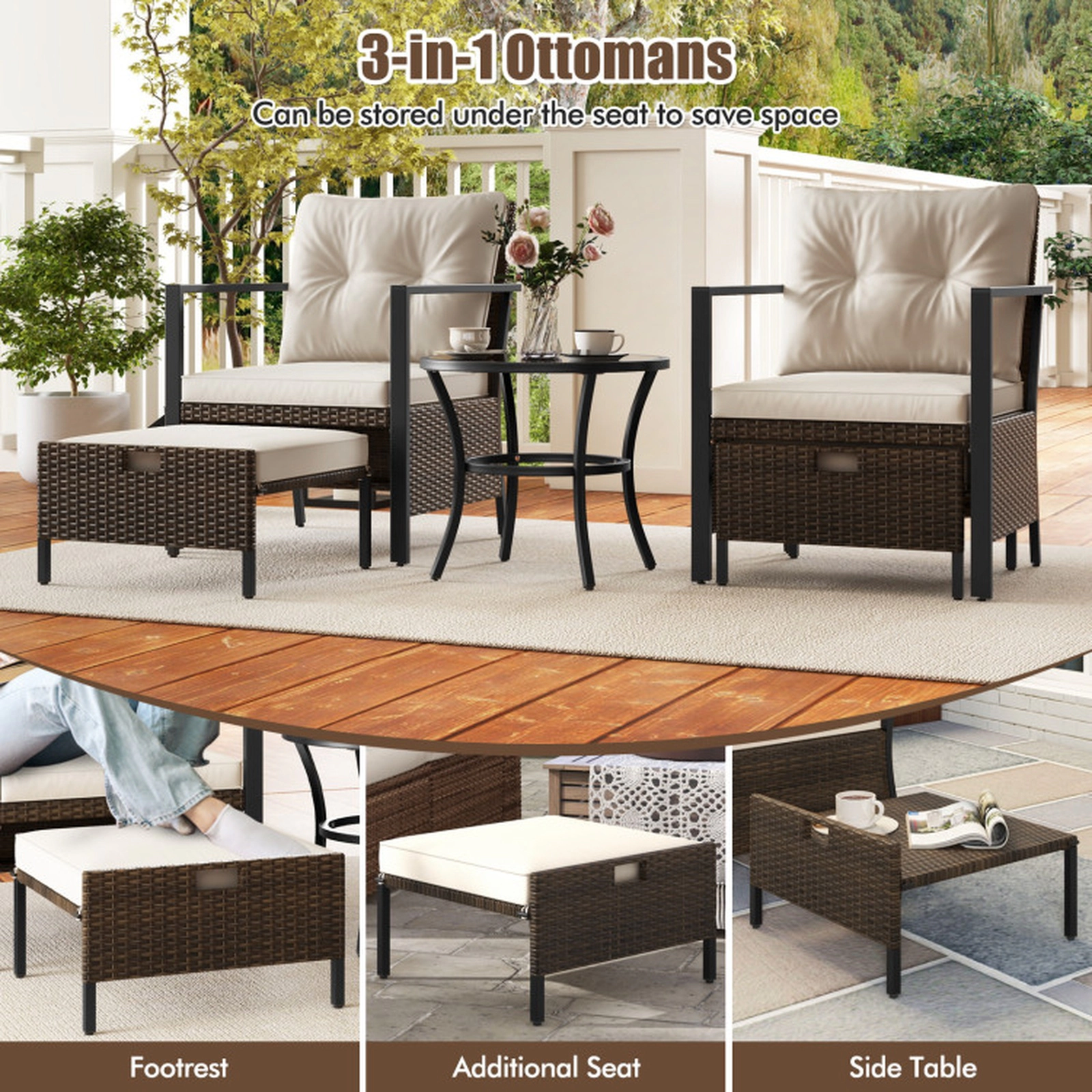 SUGIFT 4-Piece Mix Brown PE Rattan Patio Set with Ottomans and Glass Table