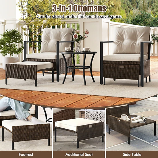 SUGIFT 4-Piece Mix Brown PE Rattan Patio Set with Ottomans and Glass Table