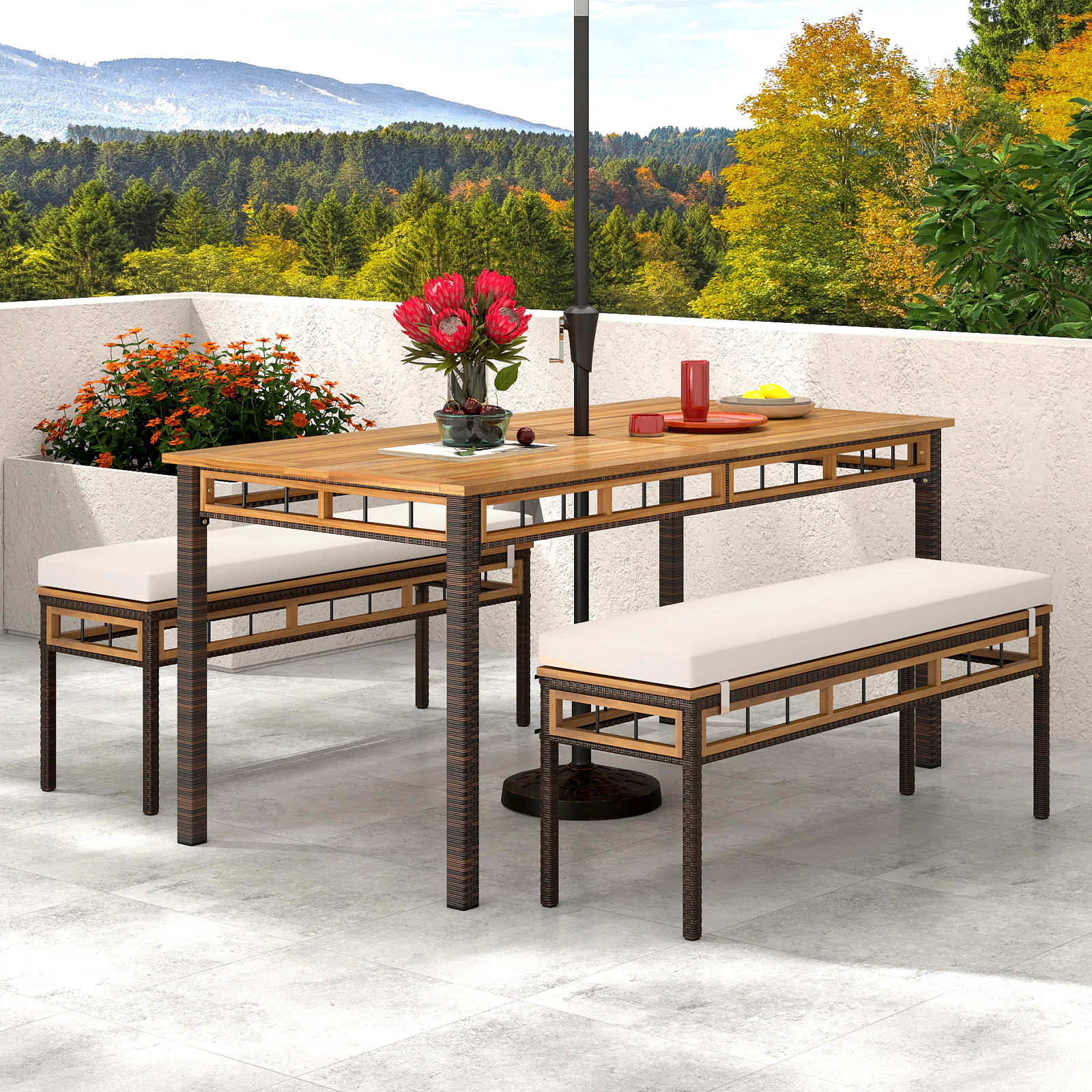 SUGIFT 3-Piece Acacia Wood Patio Dining Set, 63-Inch Table, 2 Benches, Umbrella Hole