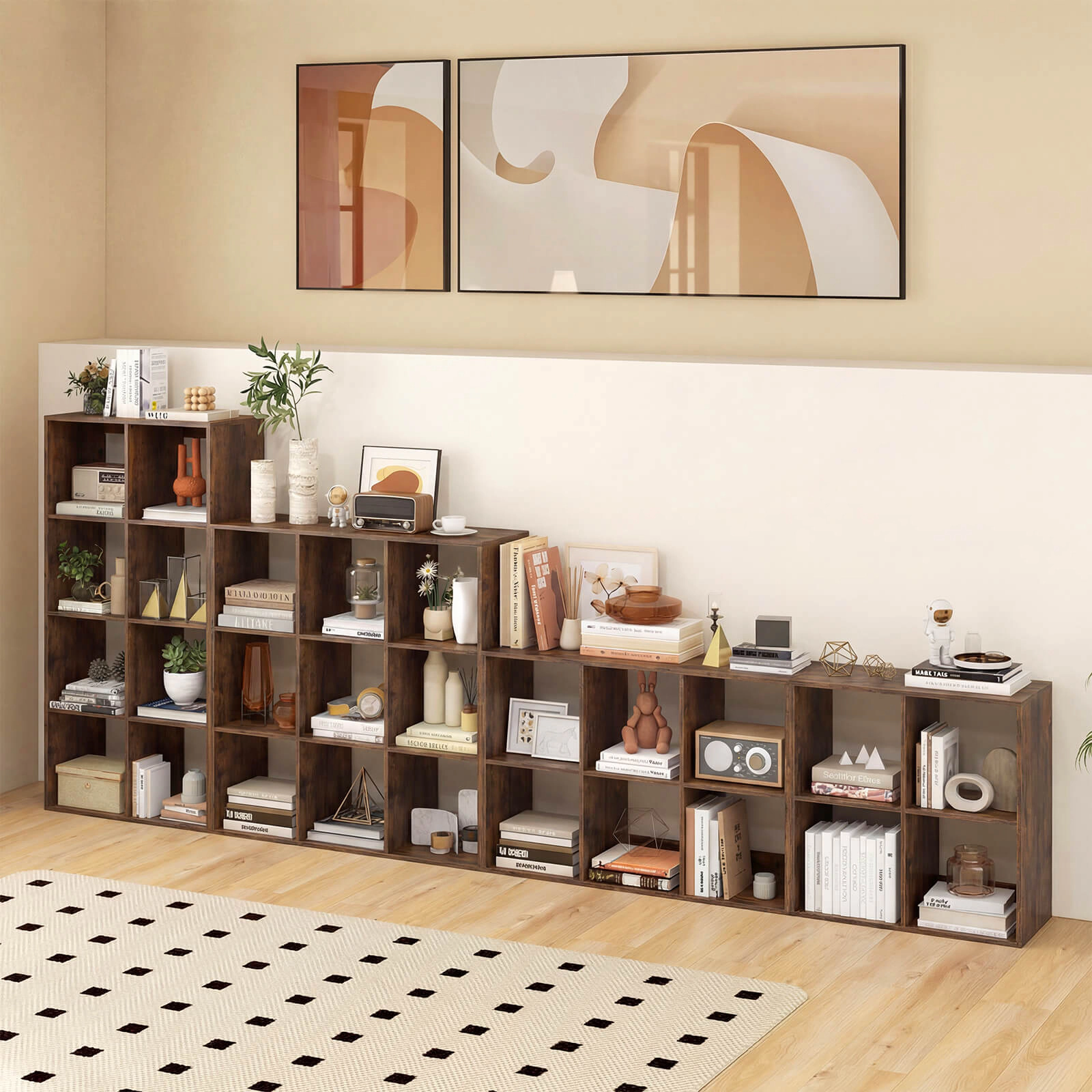 Costway 4-Cube Bookshelf, Modern Cubby Bookcase with Back Guardrail & Anti-tipping Kits Natural