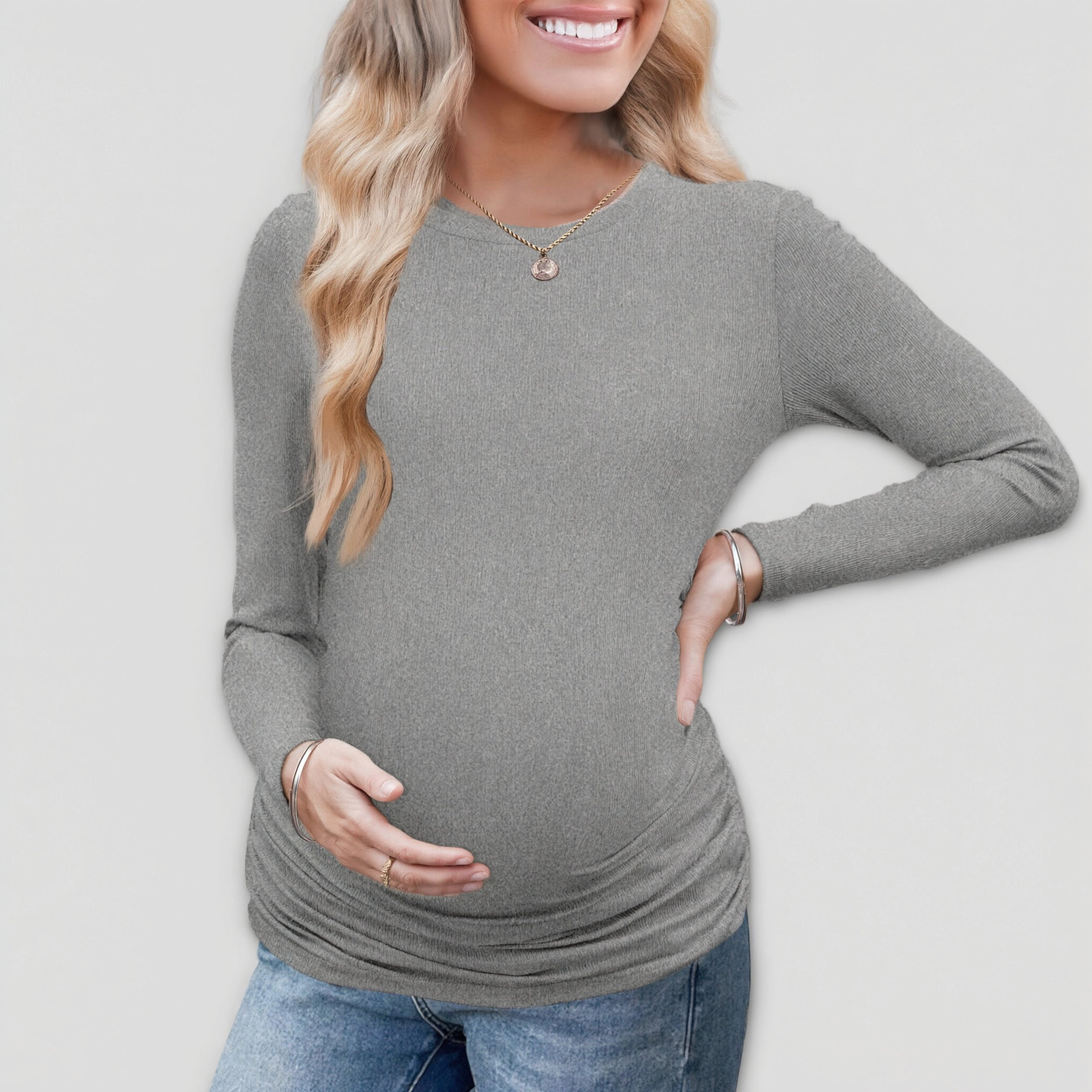 Ekouaer Women's Maternity Crew Neck Long Sleeve Ribbed Ruched T-Shirt