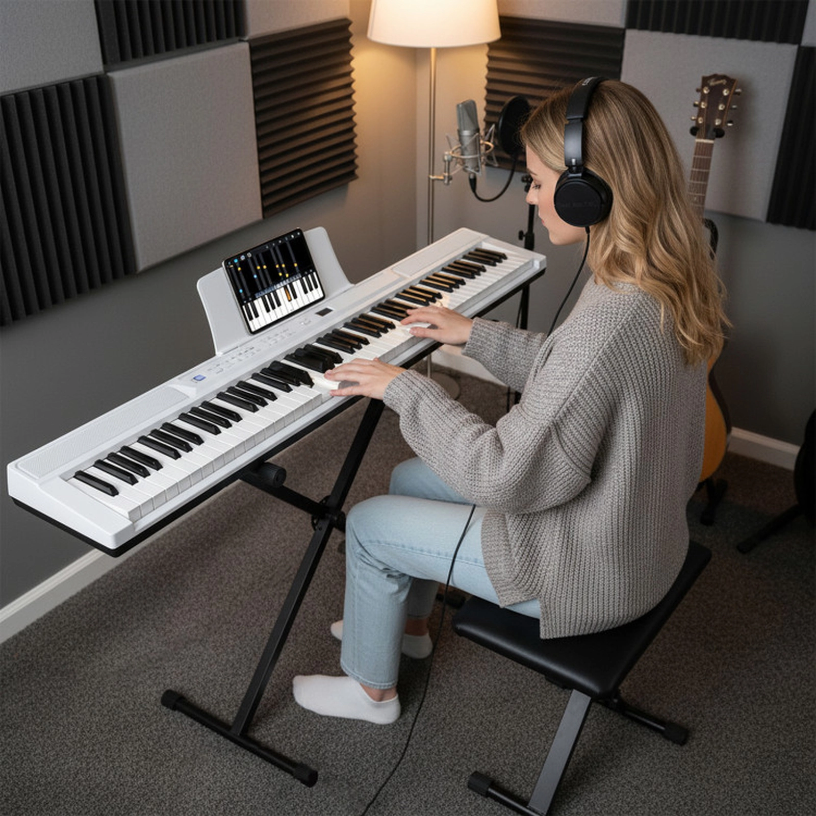 SUGIFT 88-Key Electric Piano Keyboard with Adjustable Height Stand, Stool and Portable Bag White