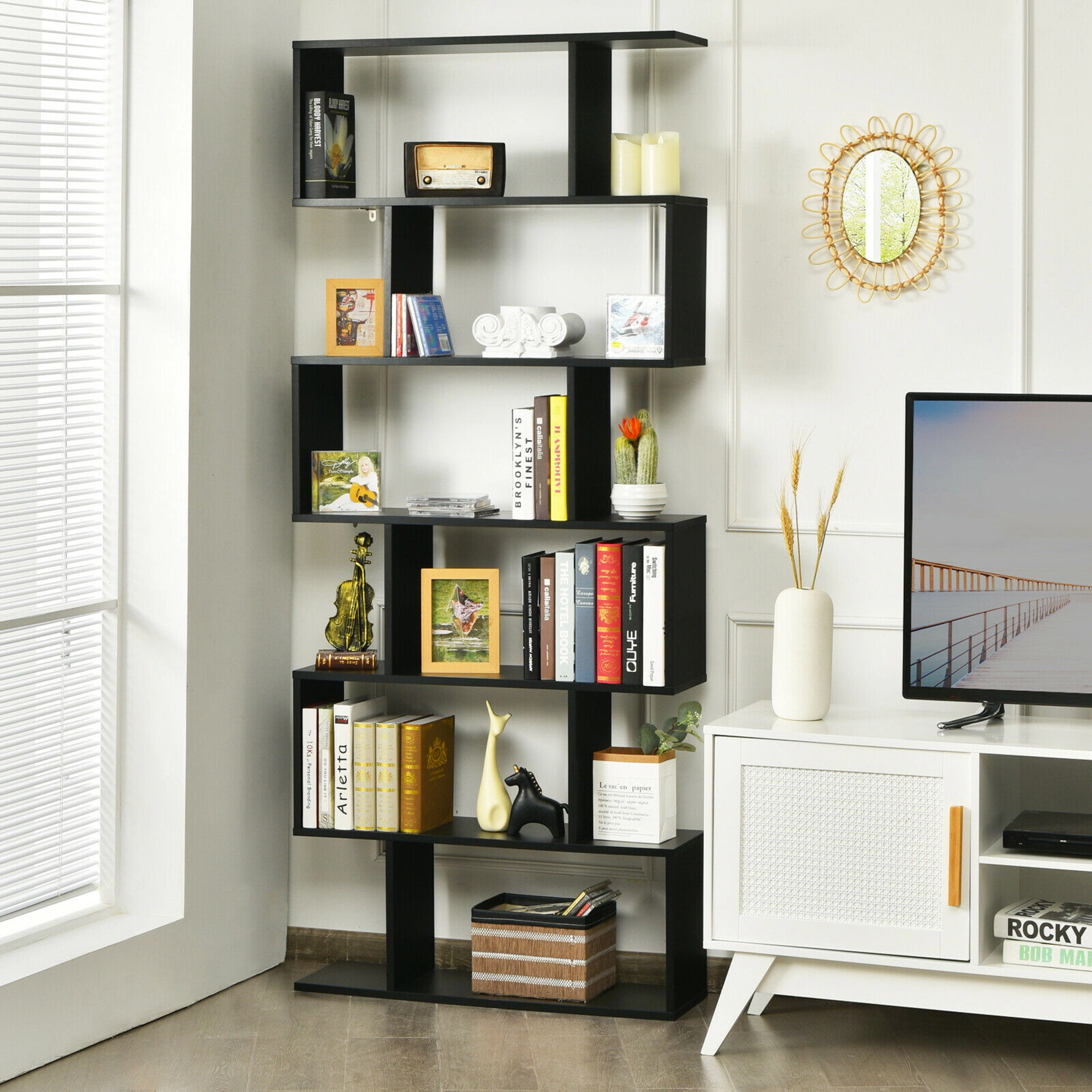Costway 2 PCS 6 Tier S-Shaped Bookshelf Storage Display Bookcase Z-Shelf White