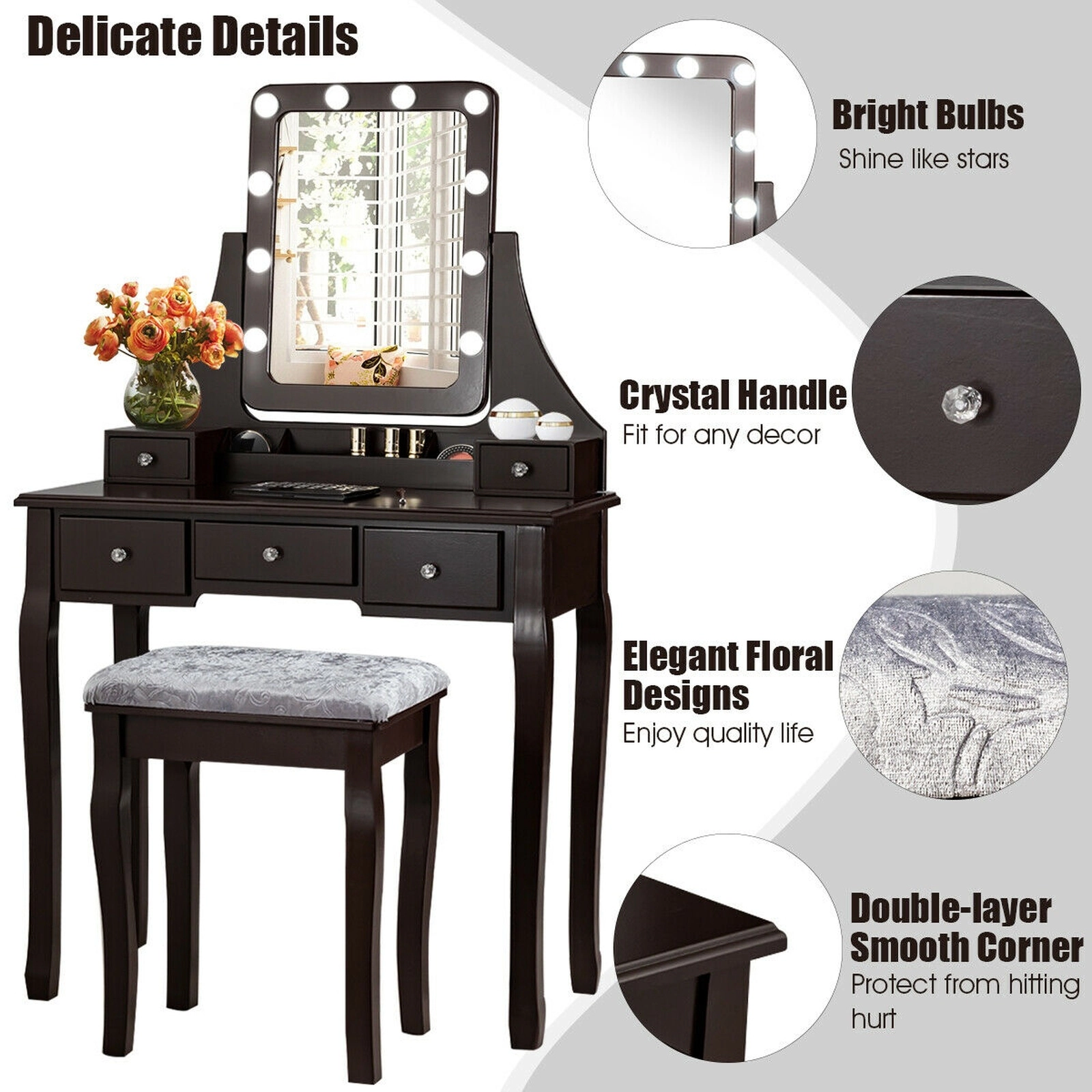 SUGIFT Vanity Dressing Table Set with 10 Dimmable Bulbs and Cushioned Stool 220-Lb Capacity Brown