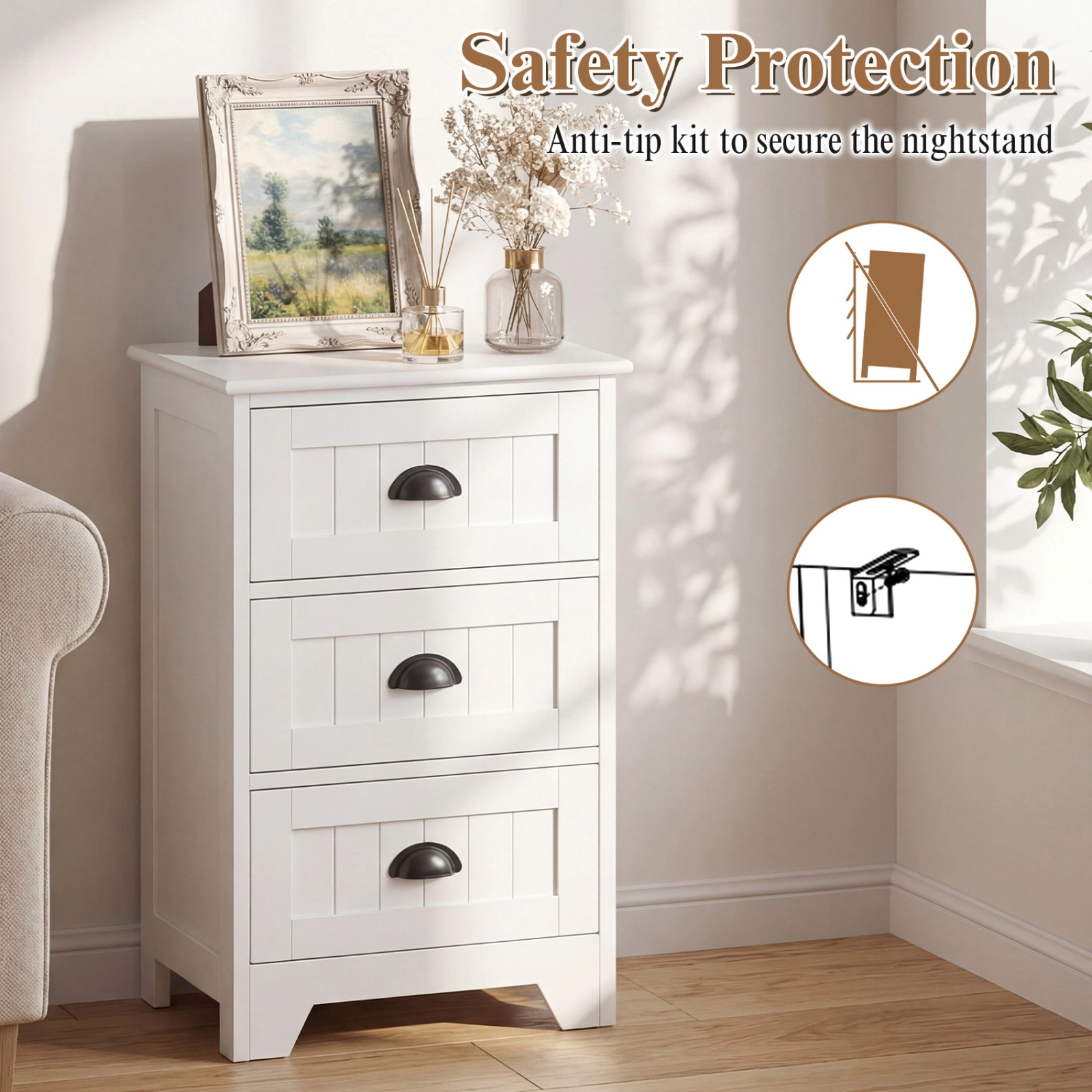 SUGIFT 3-Drawer MDF Nightstand with Storage End Table 88-lb Tabletop Capacity 20-lb Drawer Capacity 27-in Tall White
