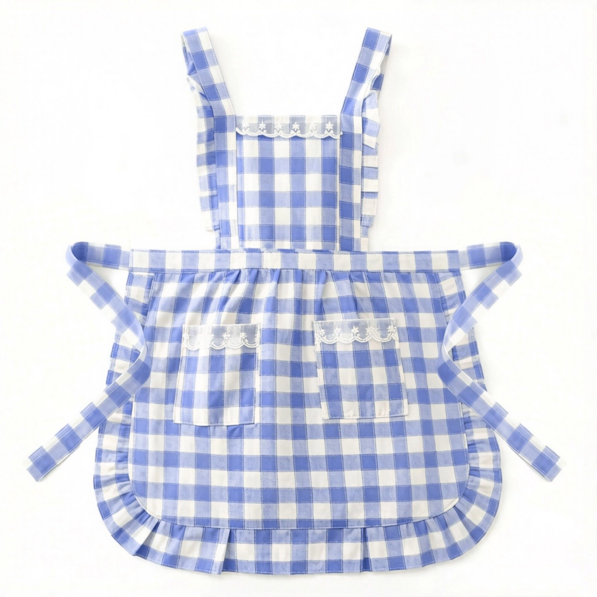 Alilang Women Gingham Kitchen Apron with Ruffle Trim Adjustable Waist Ties Lace Bib Detail and Front Pocket