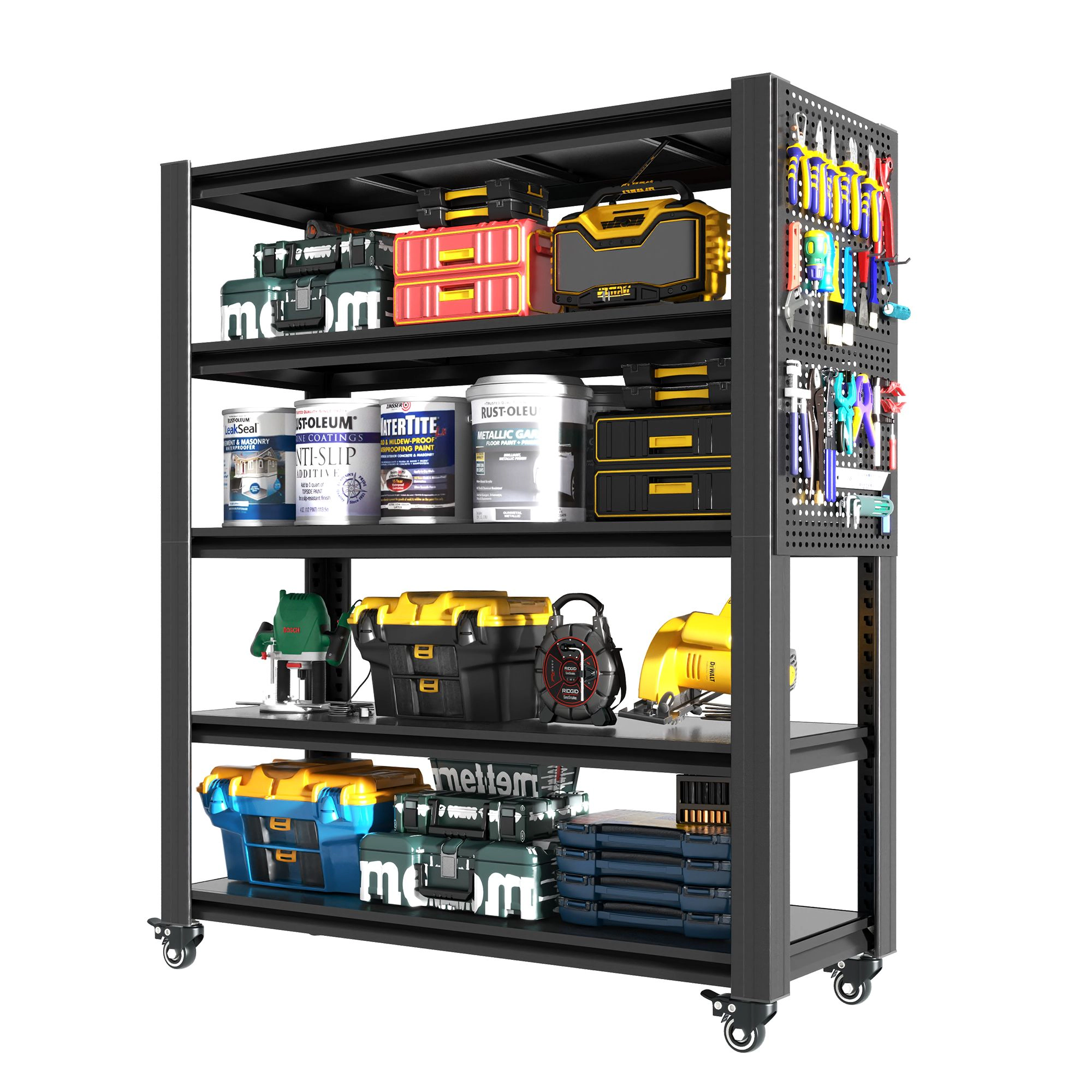 Flynama 5 Tier Pegboard Shelving 72 in H with Wheel Heavy Duty Multipurpose Rack for Garage