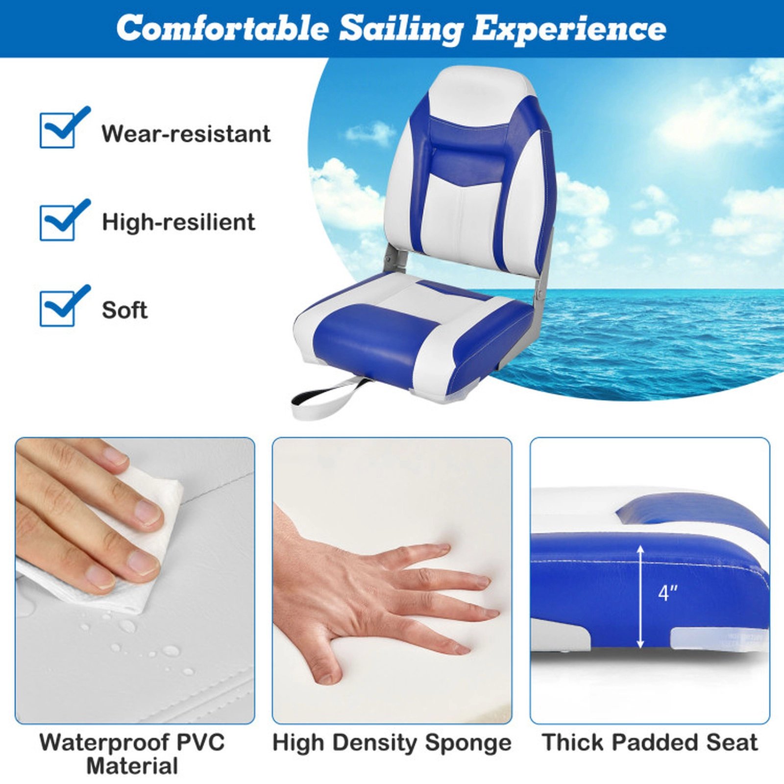 SUGIFT 250-lb Capacity High Back Padded Folding Boat Seat with Aluminum Hinges and Tie-Down Strap