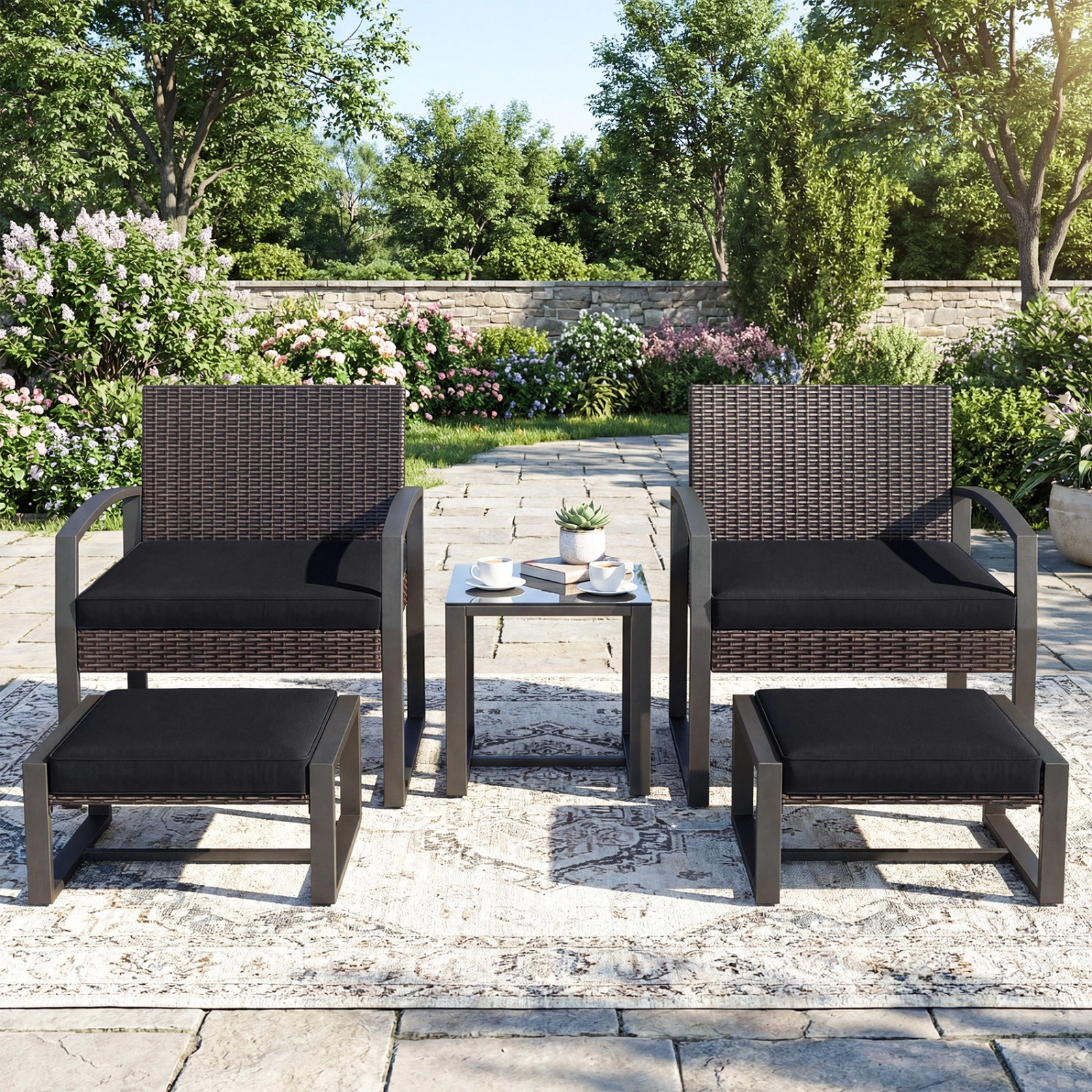 SUGIFT 5-Piece Black Rattan Patio Conversation Set with 2 Cushioned Chairs, 2 Ottomans and Glass Side Table
