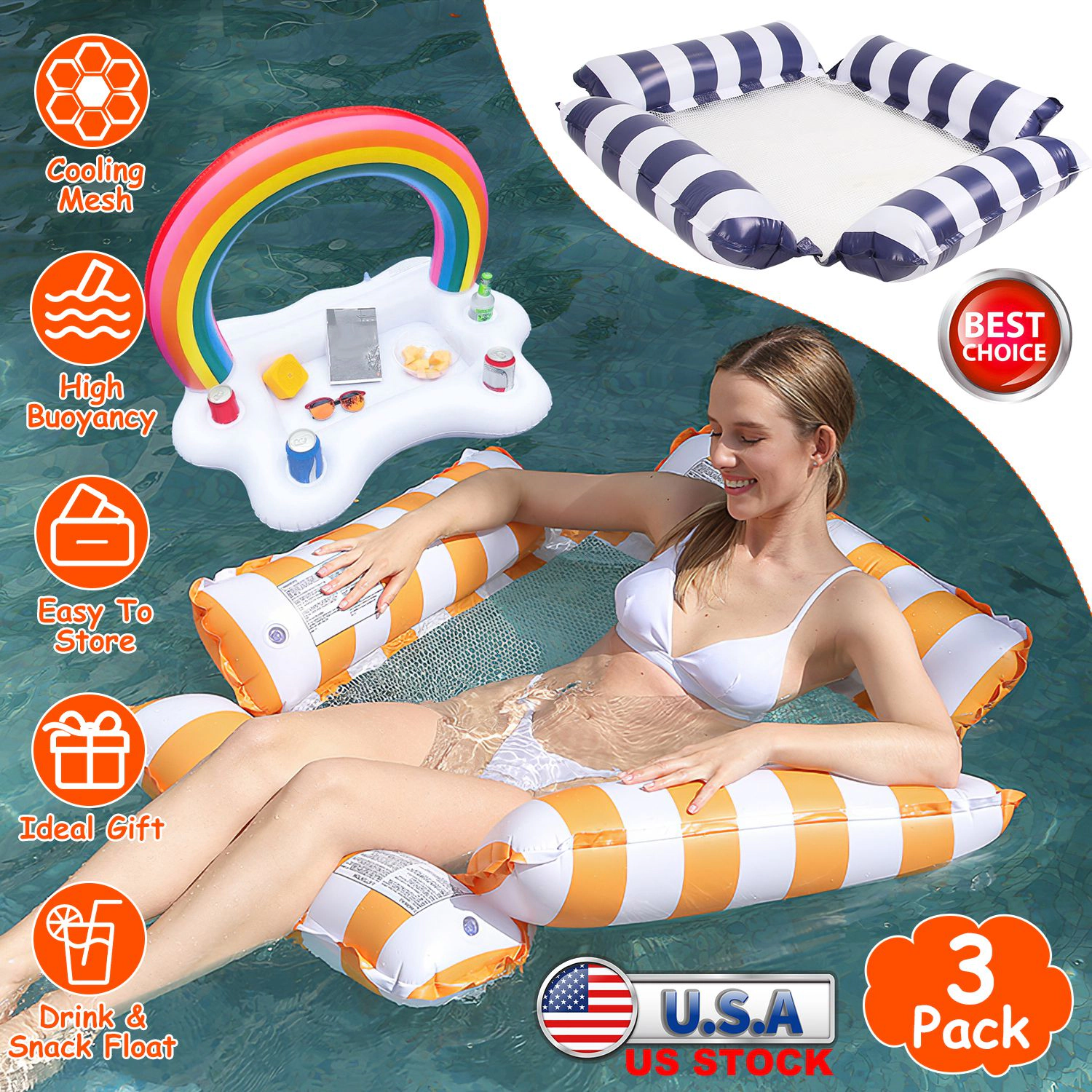 GBruno 3-Piece Inflatable Pool Float Set With Hammocks