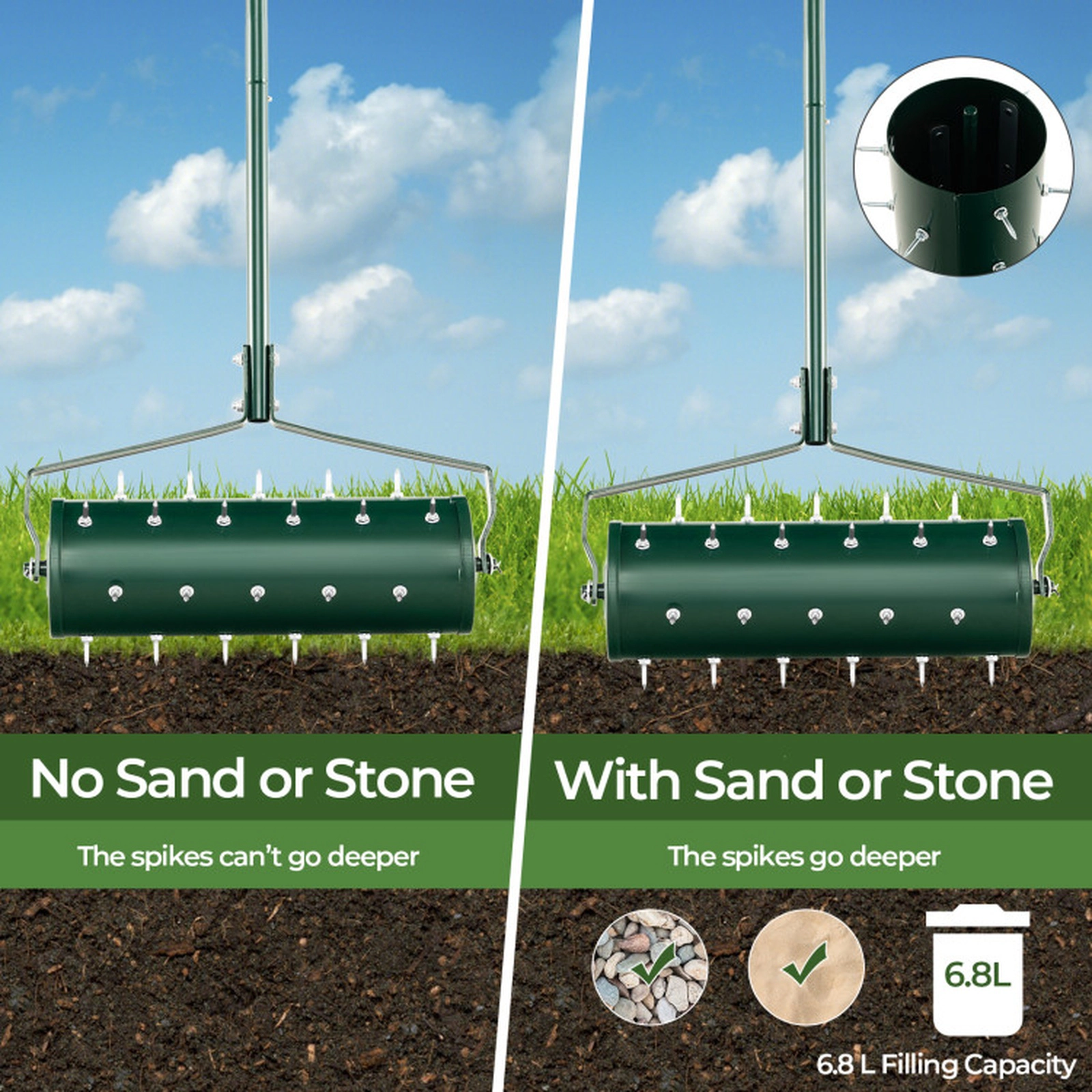 SUGIFT 18/21-In Manual Rolling Lawn Aerator with 51-in Detachable Handle 1.3-in Spikes Fillable Drum Green