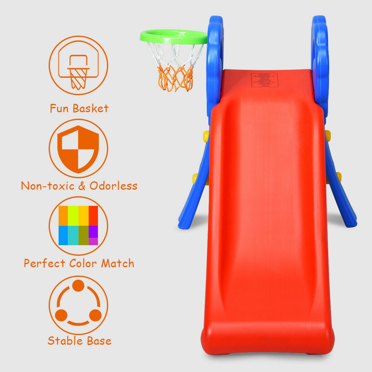 SUGIFT 110-lb Capacity 2-Step Folding Kids Plastic Slide with Basketball Hoop and Non-Slip Ladder