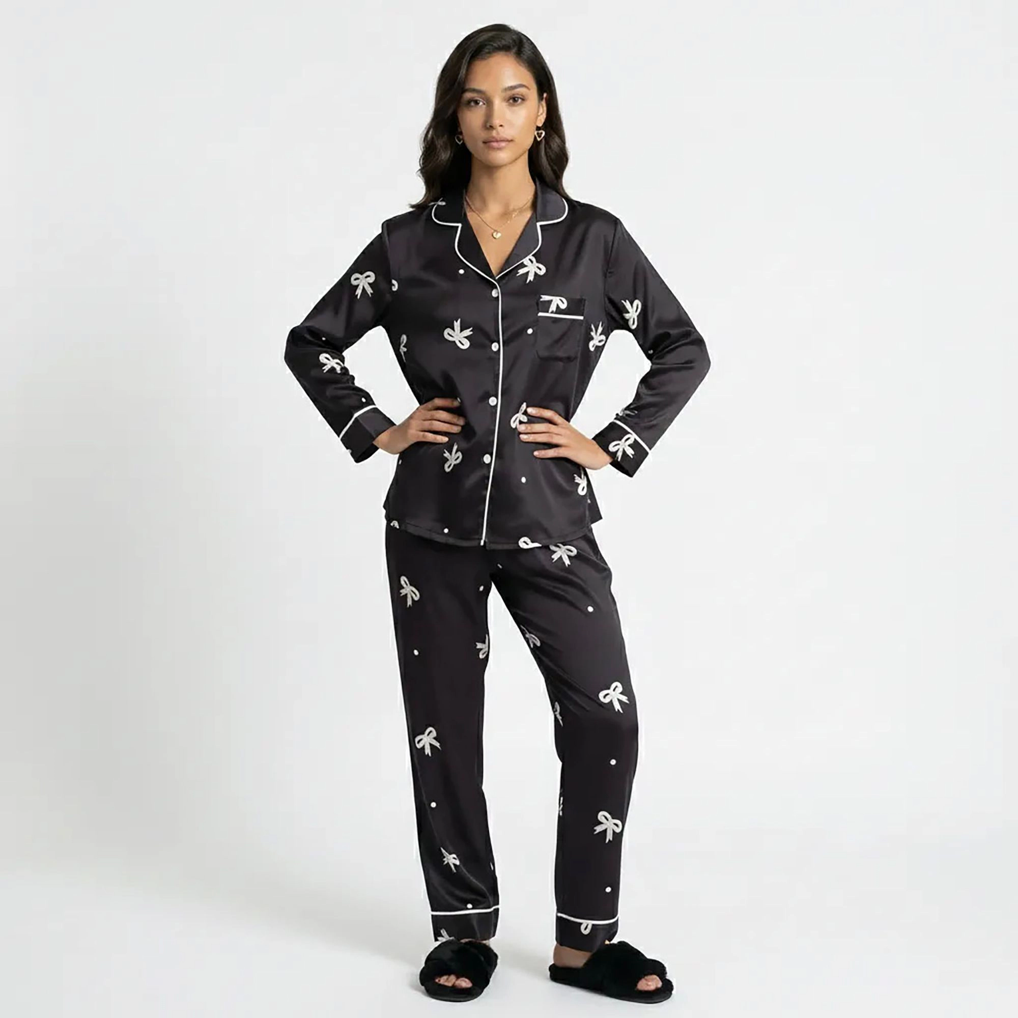 Anna-Kaci Women's Printed Satin Pajama Set with Button Up Long Sleeve Top and Piping Detail